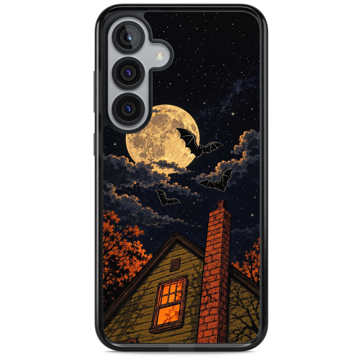 Hollows Eve Halloween iPhone case featuring a haunted house, full moon and flying bats against a starry autumn sky | Black Impact case for Samsung Galaxy S25, Samsung Galaxy S25 Plus