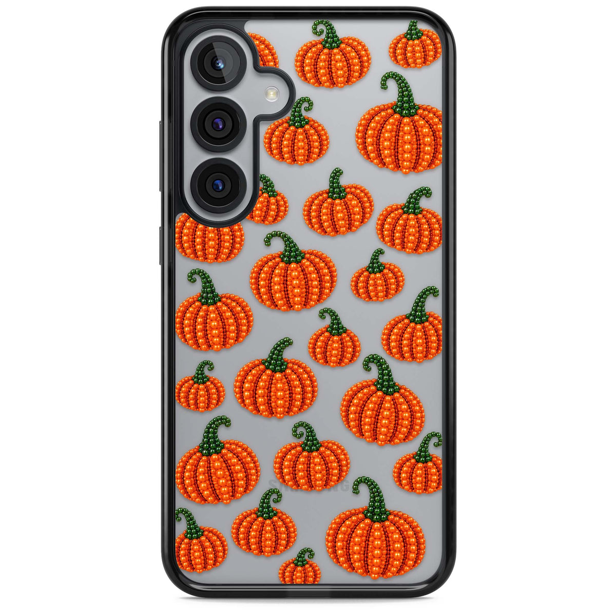 Beaded Pumpkins halloween iPhone case featuring beaded orange pumpkins with green stems on a clear background | Black Impact case for Samsung Galaxy S25, Samsung Galaxy S25 Plus