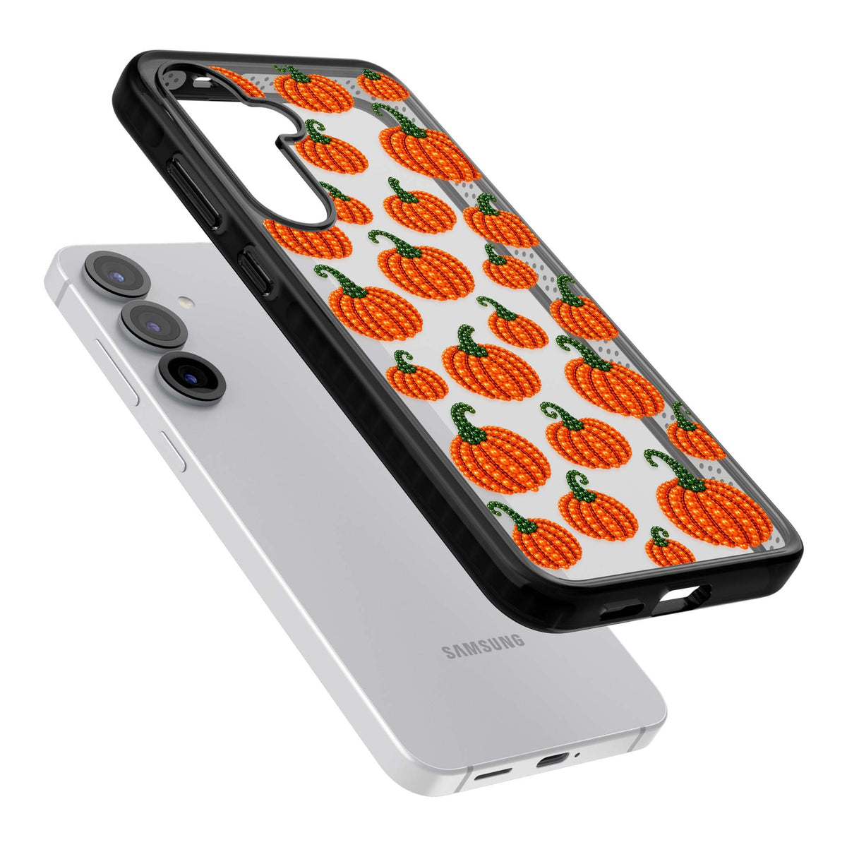 Beaded Pumpkins halloween iPhone case featuring beaded orange pumpkins with green stems on a clear background | Black Impact case for Samsung Galaxy S25, Samsung Galaxy S25 Plus