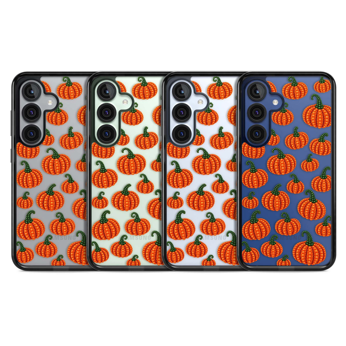 Beaded Pumpkins halloween iPhone case featuring beaded orange pumpkins with green stems on a clear background | Black Impact case for Samsung Galaxy S25, Samsung Galaxy S25 Plus