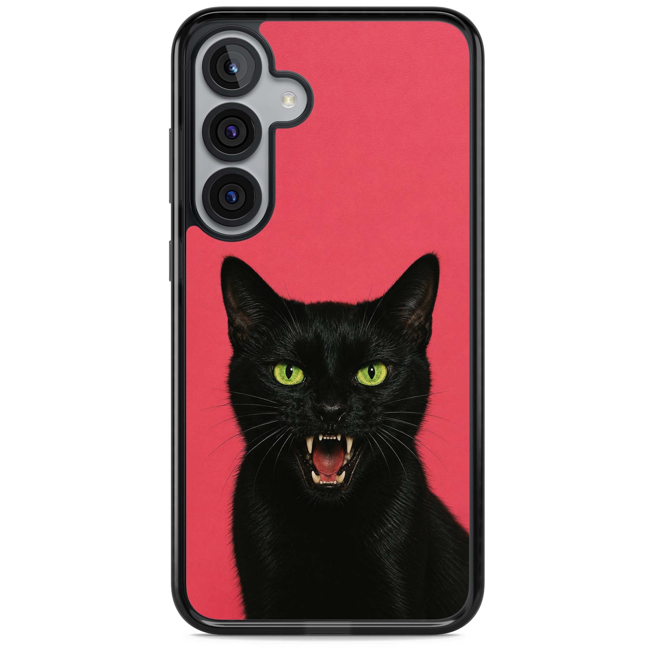 Hissin' Baddie black cat iPhone case featuring a hissing feline with green eyes on a hot pink background | Black Impact case for Samsung Galaxy S25, Samsung Galaxy S25 Plus