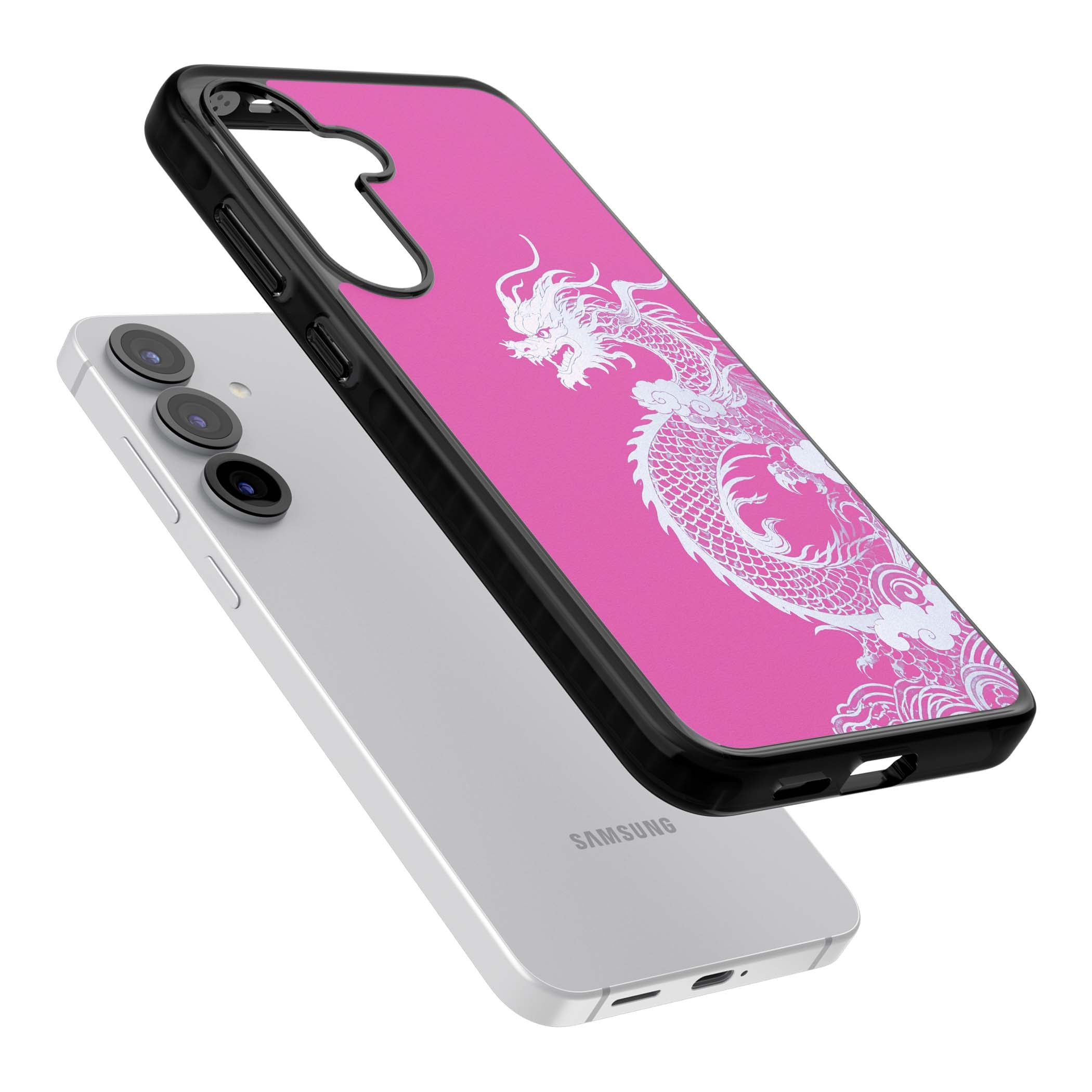 Pink Empress chinese dragon iPhone case featuring a white dragon, swirling clouds and pink dragon wallpaper backdrop | Black Impact case for Samsung Galaxy S25, Samsung Galaxy S25 Plus