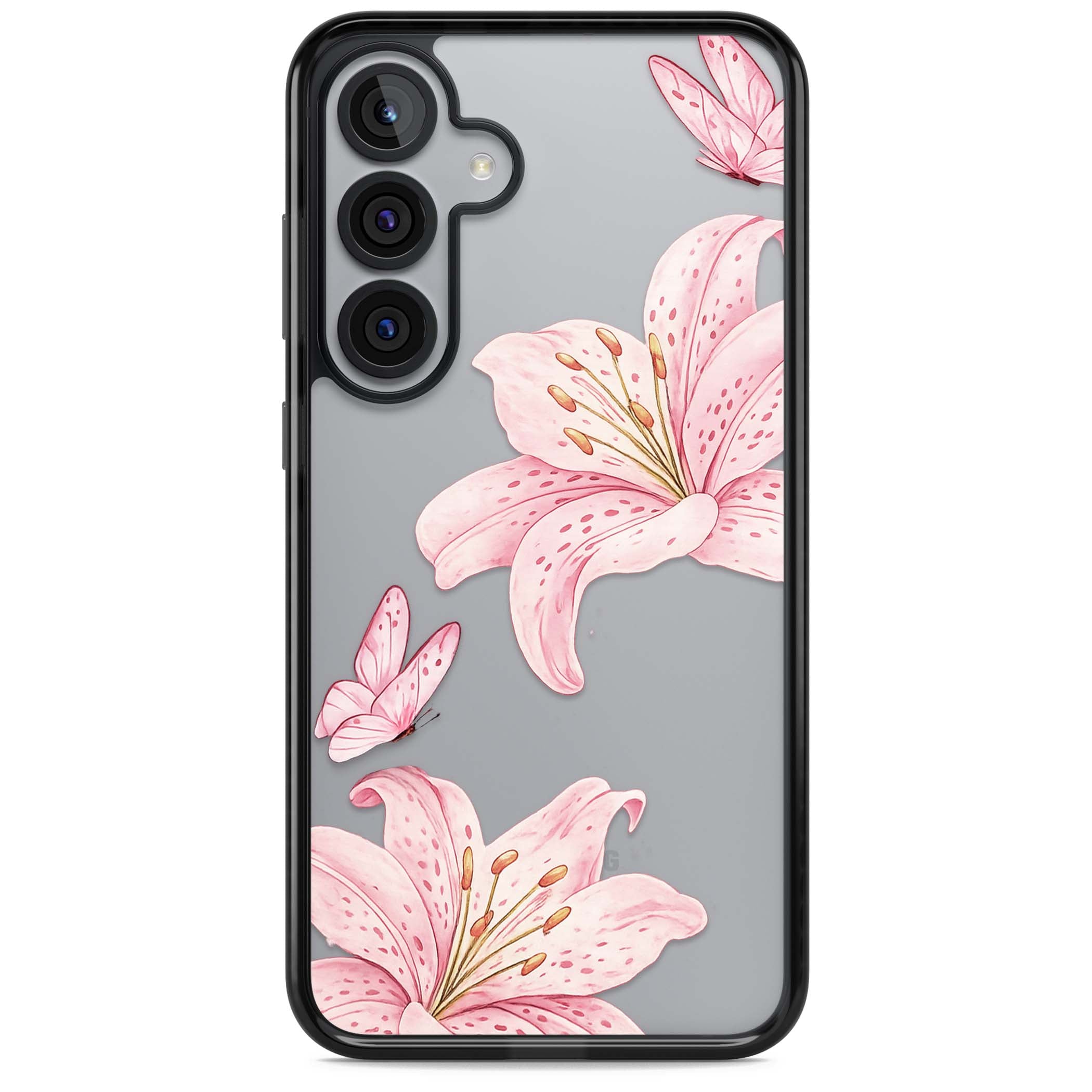 Lily Whisper floral iPhone case featuring pink watercolour lilies and delicate butterflies on a clear background | Black Impact case for Samsung Galaxy S25, Samsung Galaxy S25 Plus