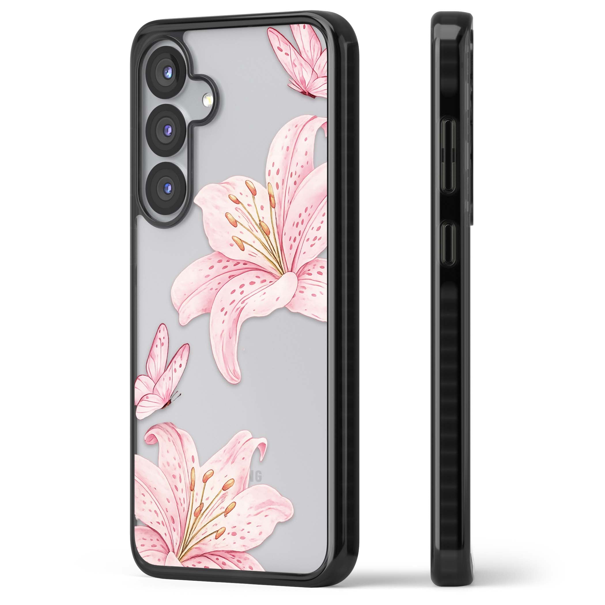 Lily Whisper floral iPhone case featuring pink watercolour lilies and delicate butterflies on a clear background | Black Impact case for Samsung Galaxy S25, Samsung Galaxy S25 Plus