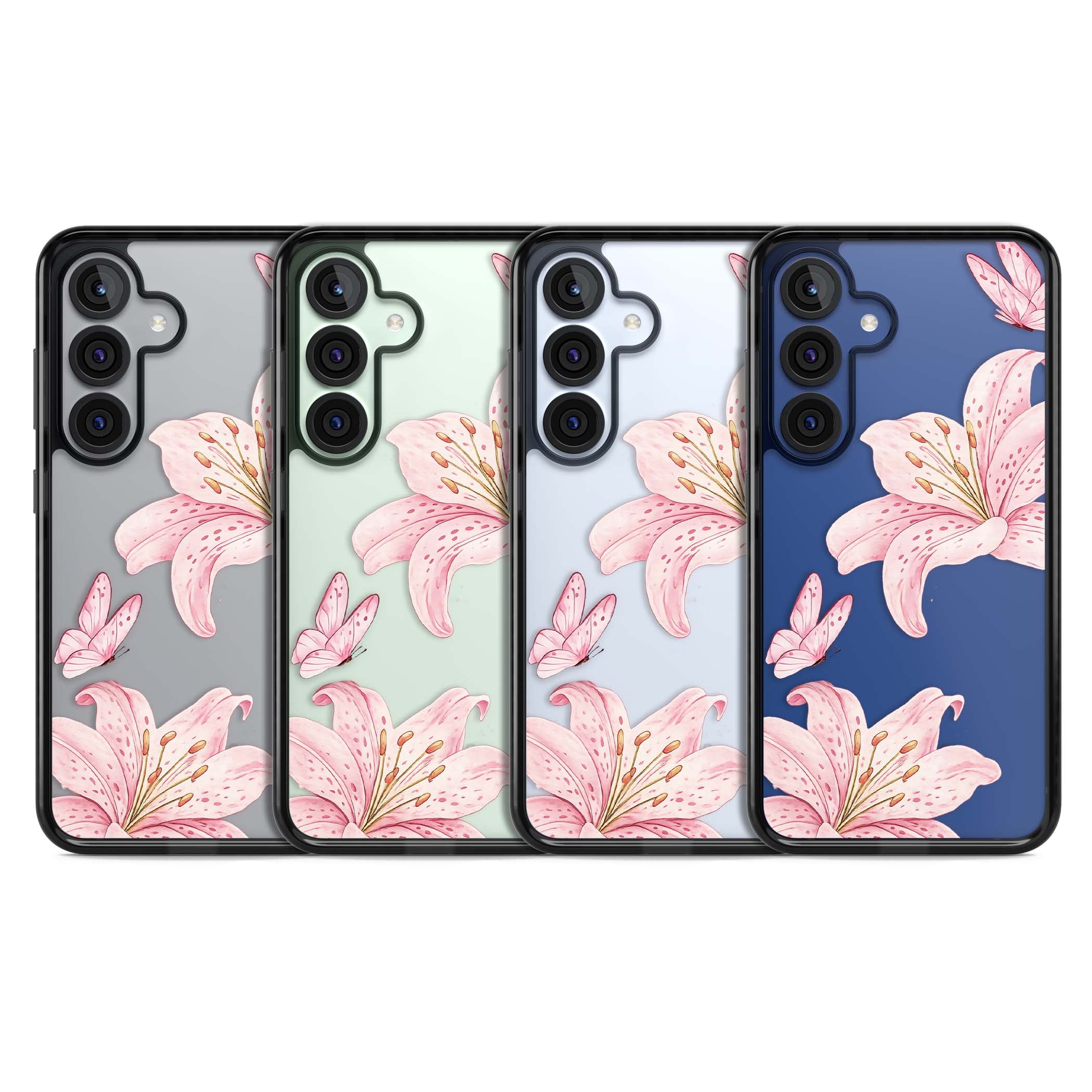 Lily Whisper floral iPhone case featuring pink watercolour lilies and delicate butterflies on a clear background | Black Impact case for Samsung Galaxy S25, Samsung Galaxy S25 Plus