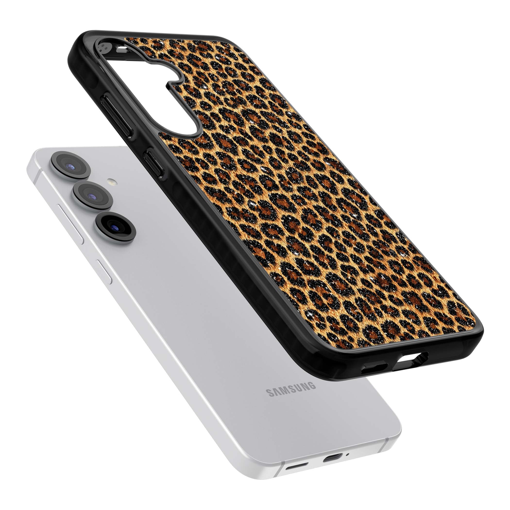 Diamond Leopard leopard print iPhone case featuring golden tan fur, black rosette spots and subtle glitter sparkle | Black Impact case for Samsung Galaxy S25, Samsung Galaxy S25 Plus
