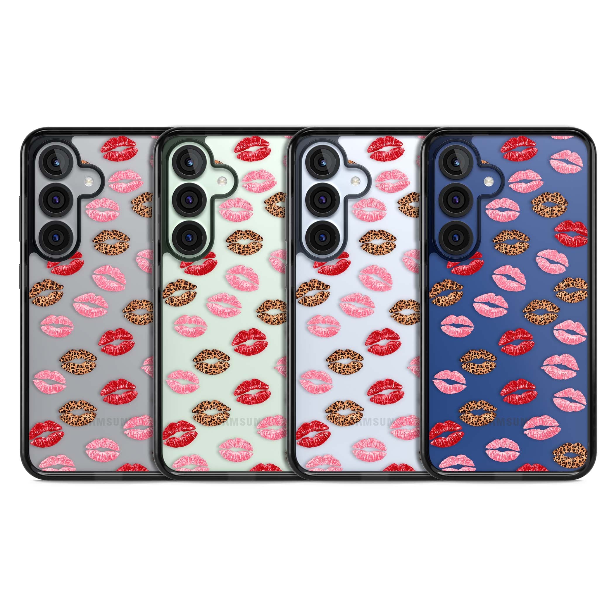 Wild Kisses coquette iPhone case featuring red, pink and leopard print lipstick kiss marks on a clear background | Black Impact case for Samsung Galaxy S25, Samsung Galaxy S25 Plus