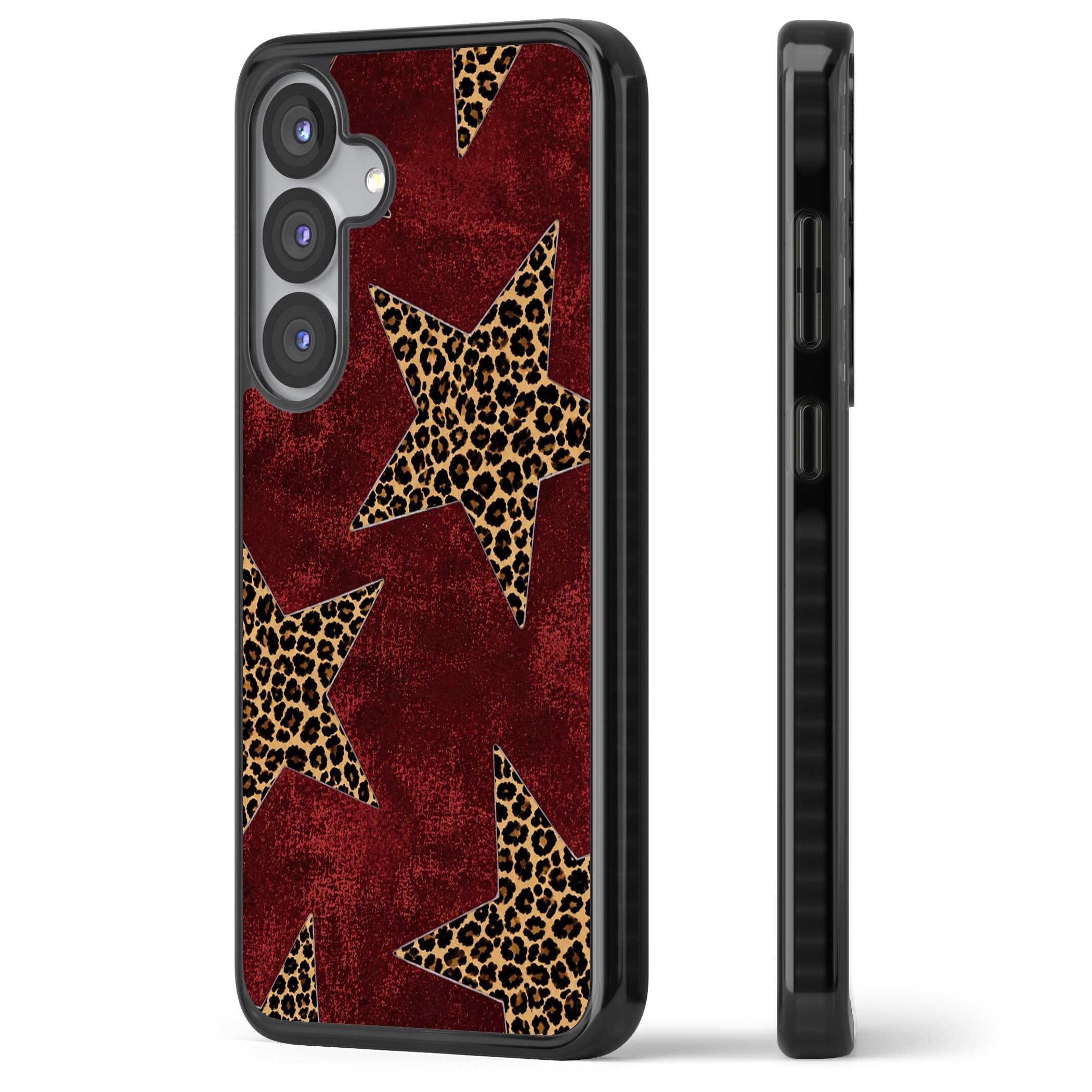 Showgirl leopard print iPhone case featuring cheetah print stars on distressed red grunge background | Black Impact case for Samsung Galaxy S25, Samsung Galaxy S25 Plus