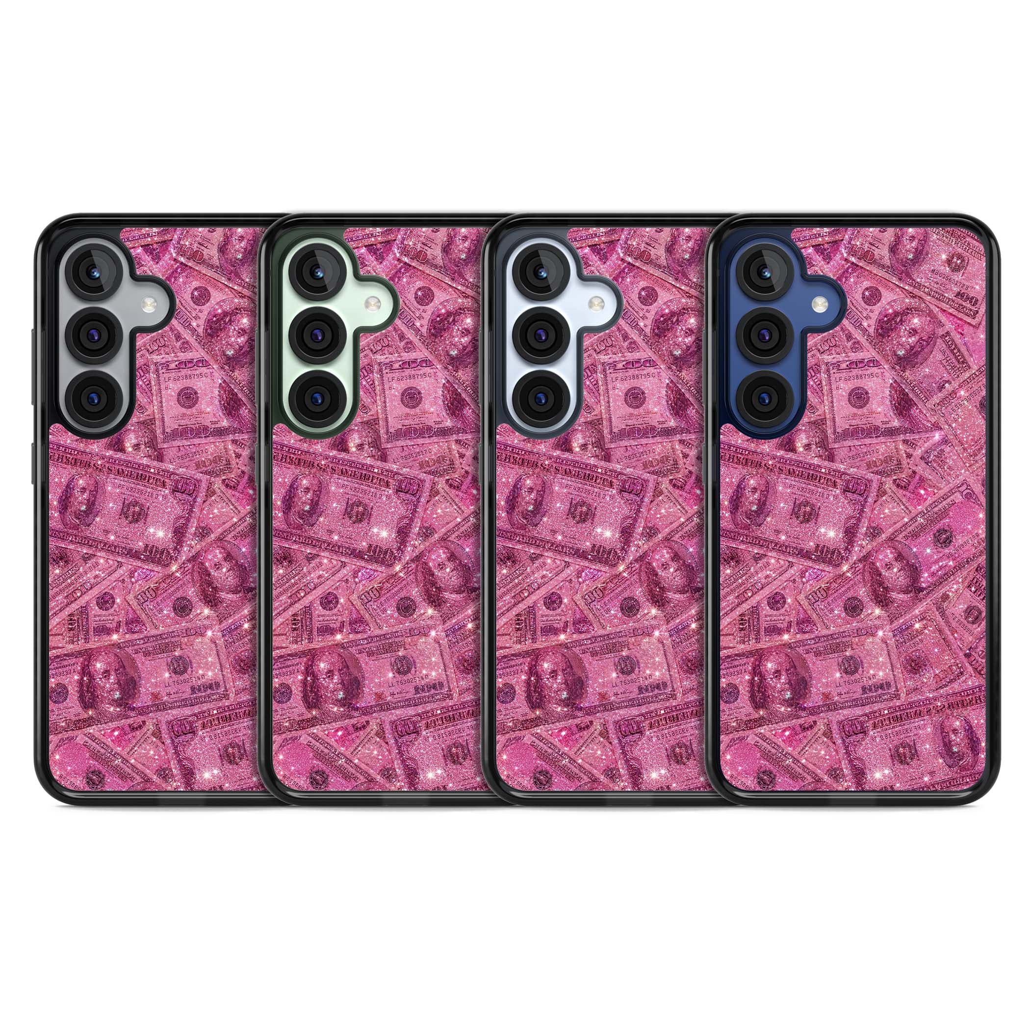 Glamorous baddie iPhone case featuring pink glitter hundred dollar bills and sparkling money wallpaper design | Black Impact case for Samsung Galaxy S25, Samsung Galaxy S25 Plus