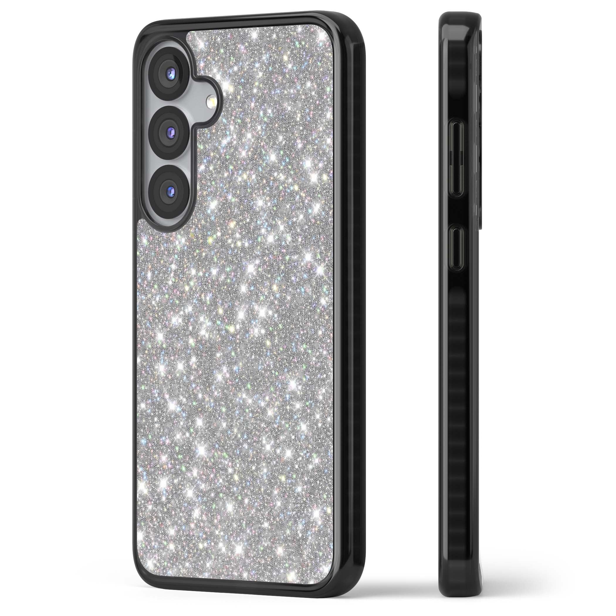 Diamond glam iPhone case featuring silver glitter sparkle and shimmering diamond dust effect | Black Impact case for Samsung Galaxy S25, Samsung Galaxy S25 Plus
