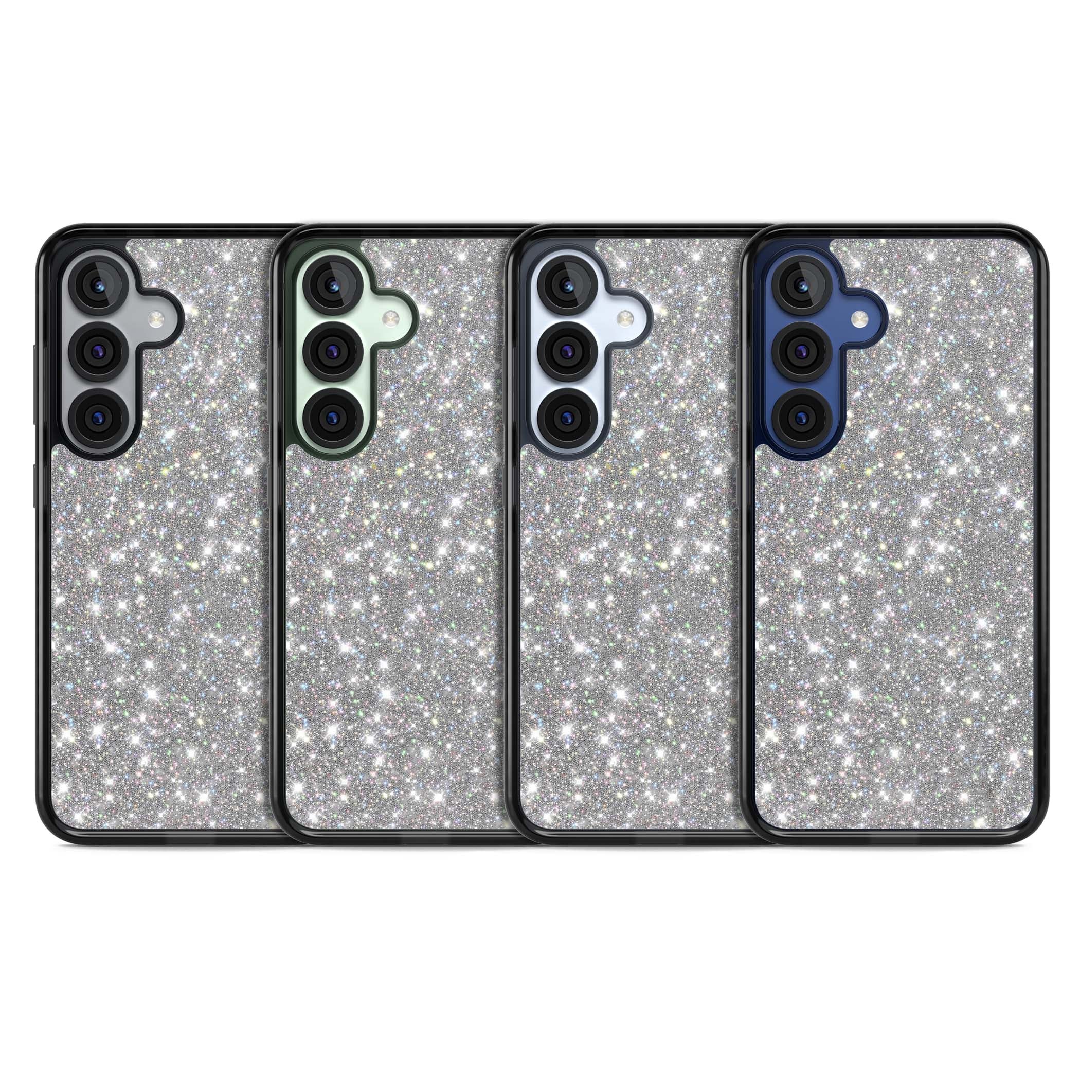 Diamond glam iPhone case featuring silver glitter sparkle and shimmering diamond dust effect | Black Impact case for Samsung Galaxy S25, Samsung Galaxy S25 Plus