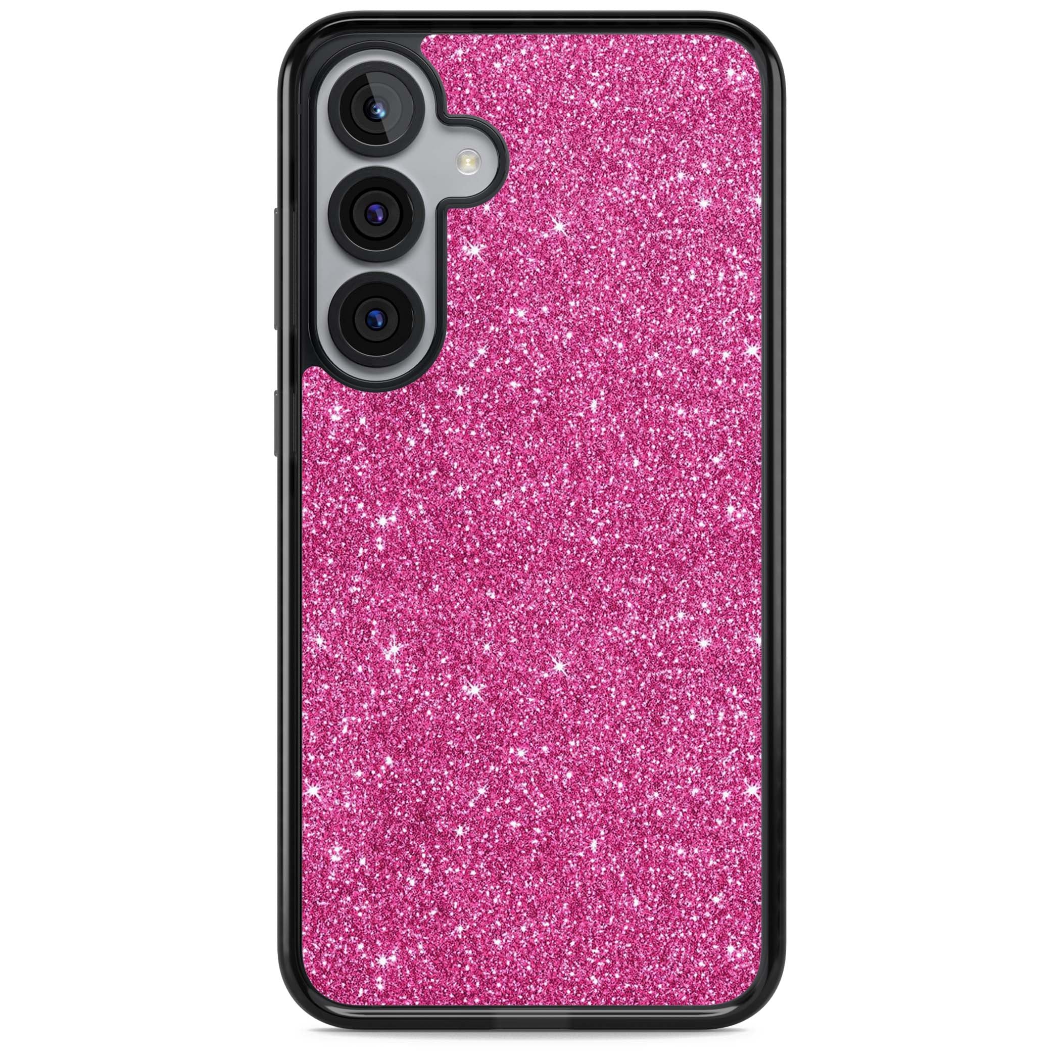 Pink Glitter Y2K iPhone case featuring hot pink glitter wallpaper with sparkle shimmer effect | Black Impact case for Samsung Galaxy S25, Samsung Galaxy S25 Plus