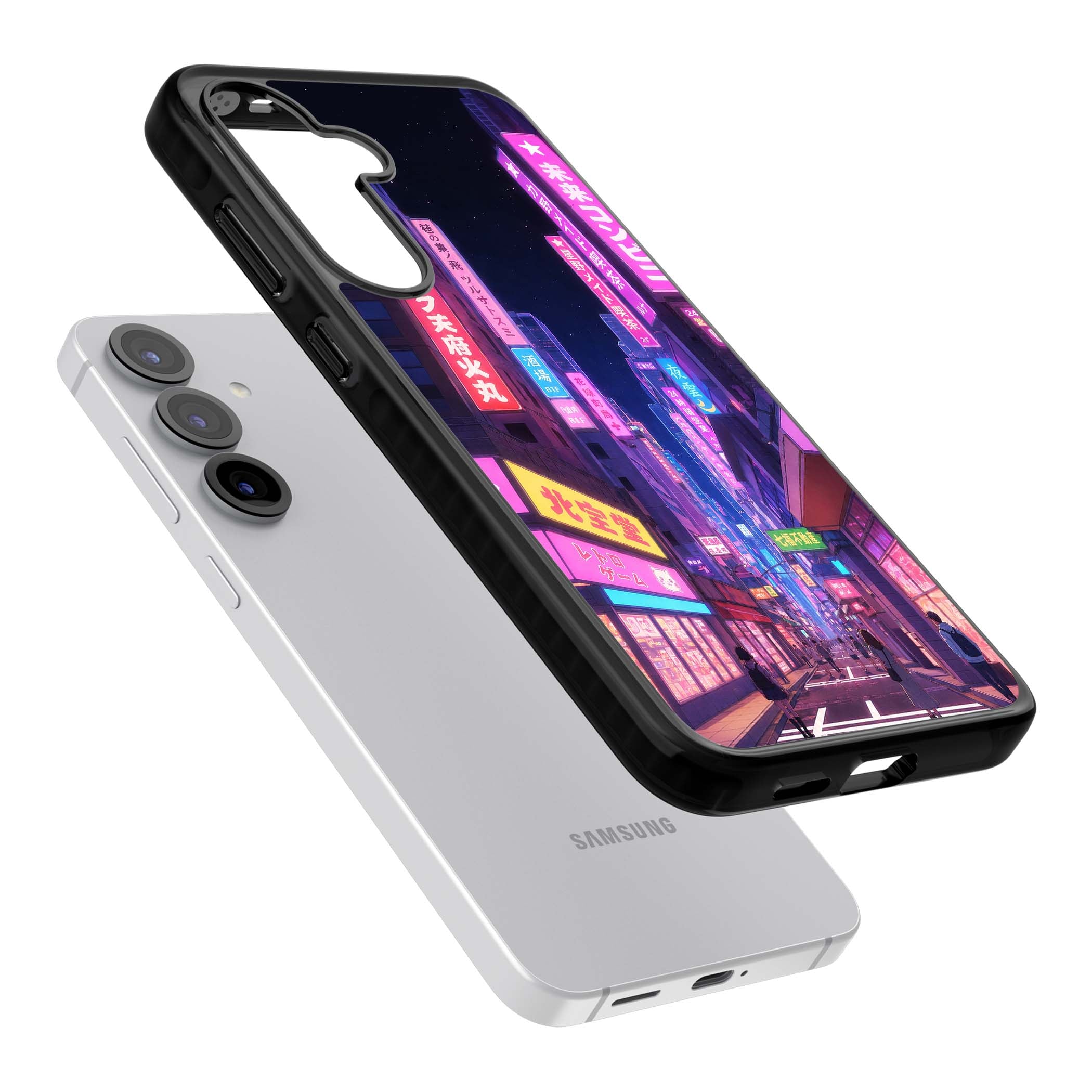 Shibuya At Night Japanese neon city iPhone case featuring glowing kanji signs, pink storefronts and a Tokyo street at n | Black Impact case for Samsung Galaxy S25, Samsung Galaxy S25 Plus
