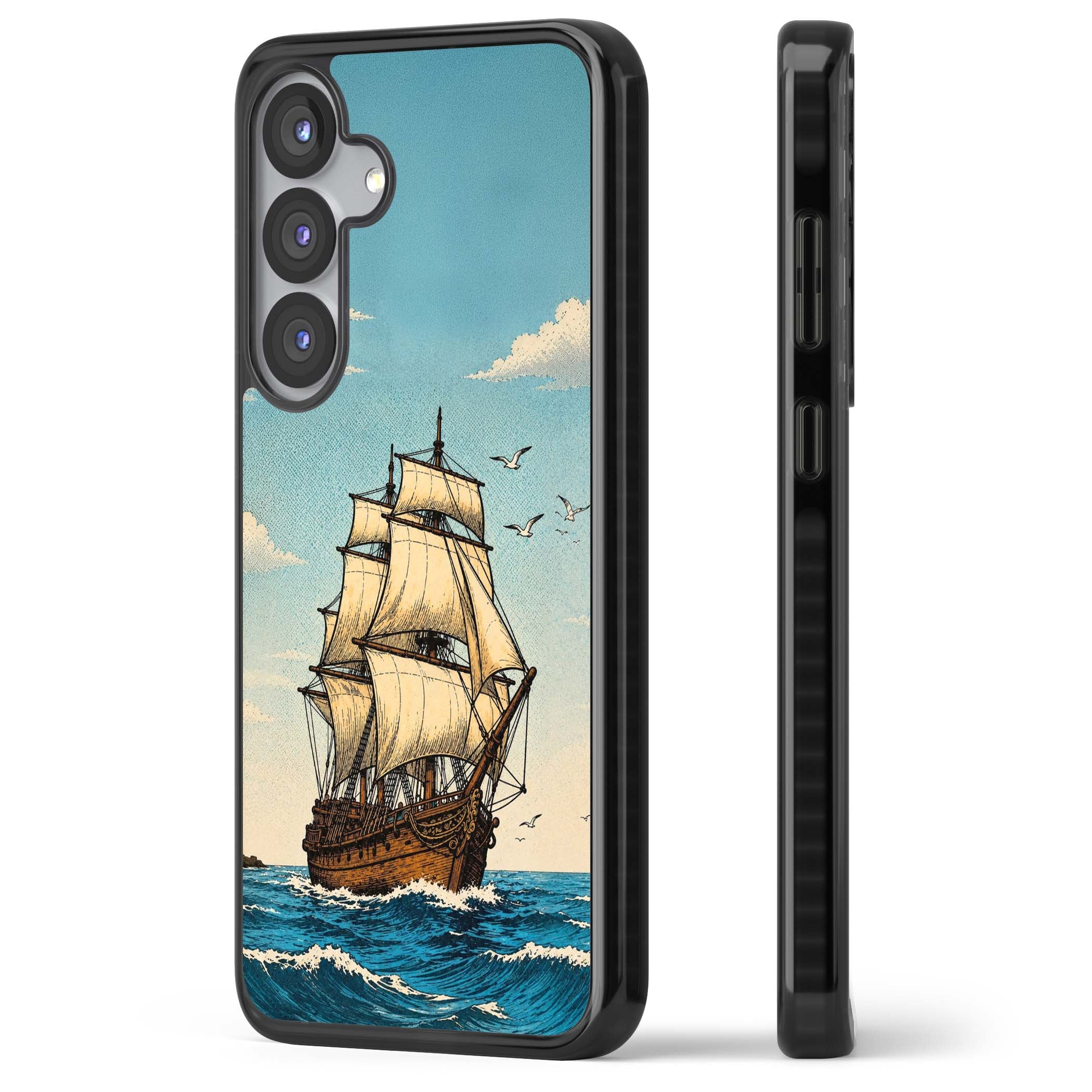 Ship at Sea nautical iPhone case featuring a vintage tall ship, ocean waves and seagulls | Black Impact case for Samsung Galaxy S25, Samsung Galaxy S25 Plus