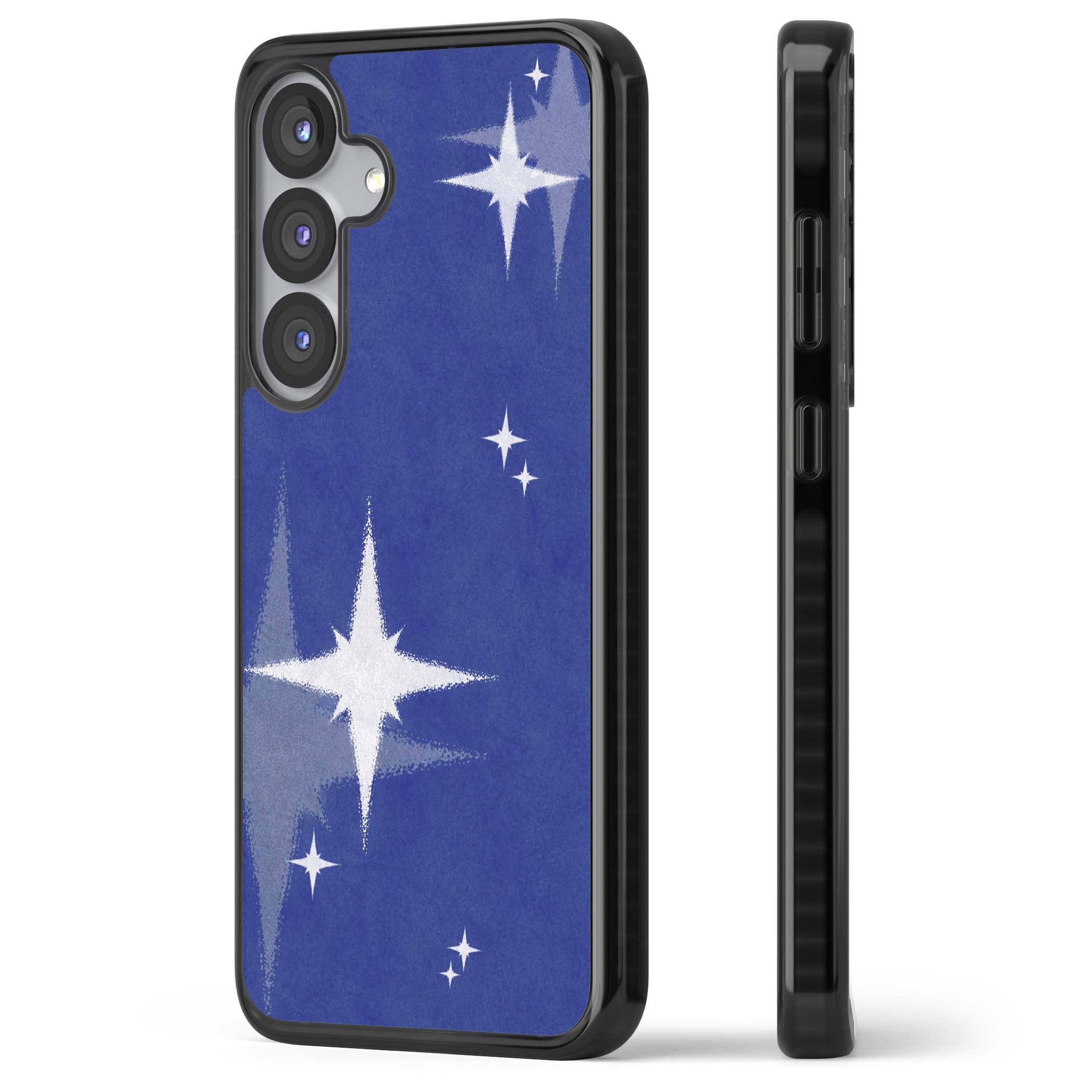 Blue Sparkle celestial iPhone case featuring sparkling silver stars on a deep blue painterly night sky | Black Impact case for Samsung Galaxy S25, Samsung Galaxy S25 Plus