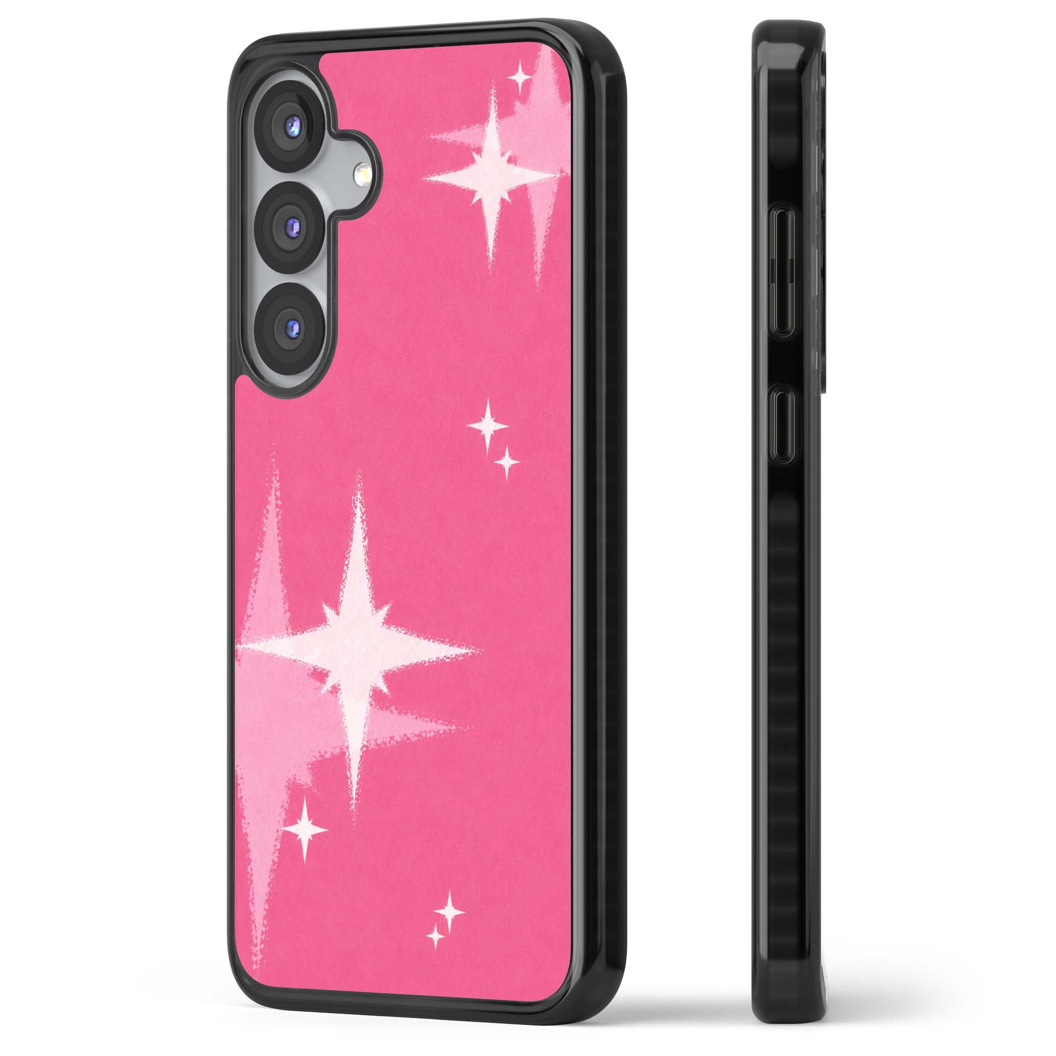 Pink Sparkle Y2K iPhone case featuring hot pink background with shimmering white starburst pattern | Black Impact case for Samsung Galaxy S25, Samsung Galaxy S25 Plus