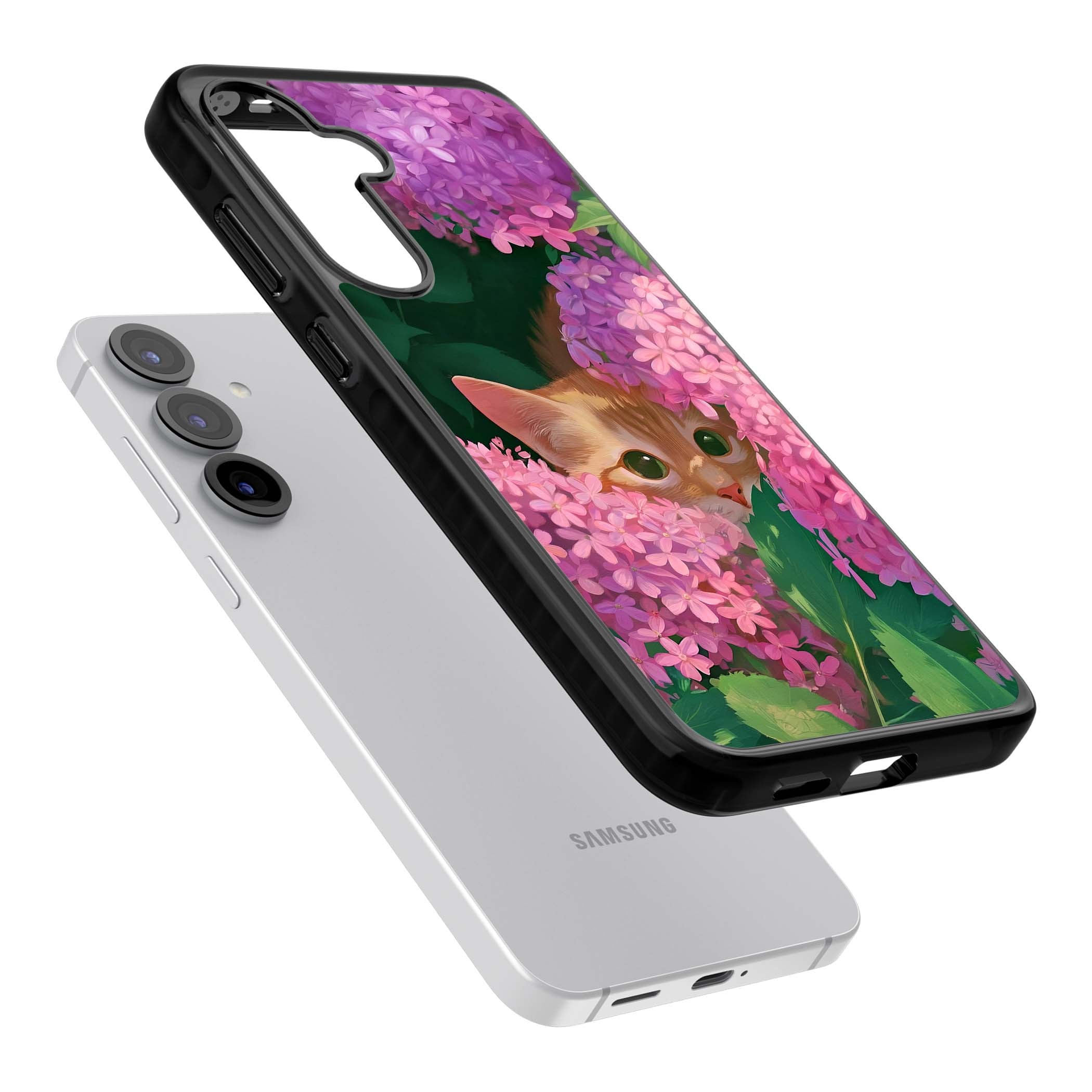 Cat In Pink Flowers cottagecore iPhone case featuring a ginger kitten peeking through lilac and pink hydrangea flo | Black Impact case for Samsung Galaxy S25, Samsung Galaxy S25 Plus
