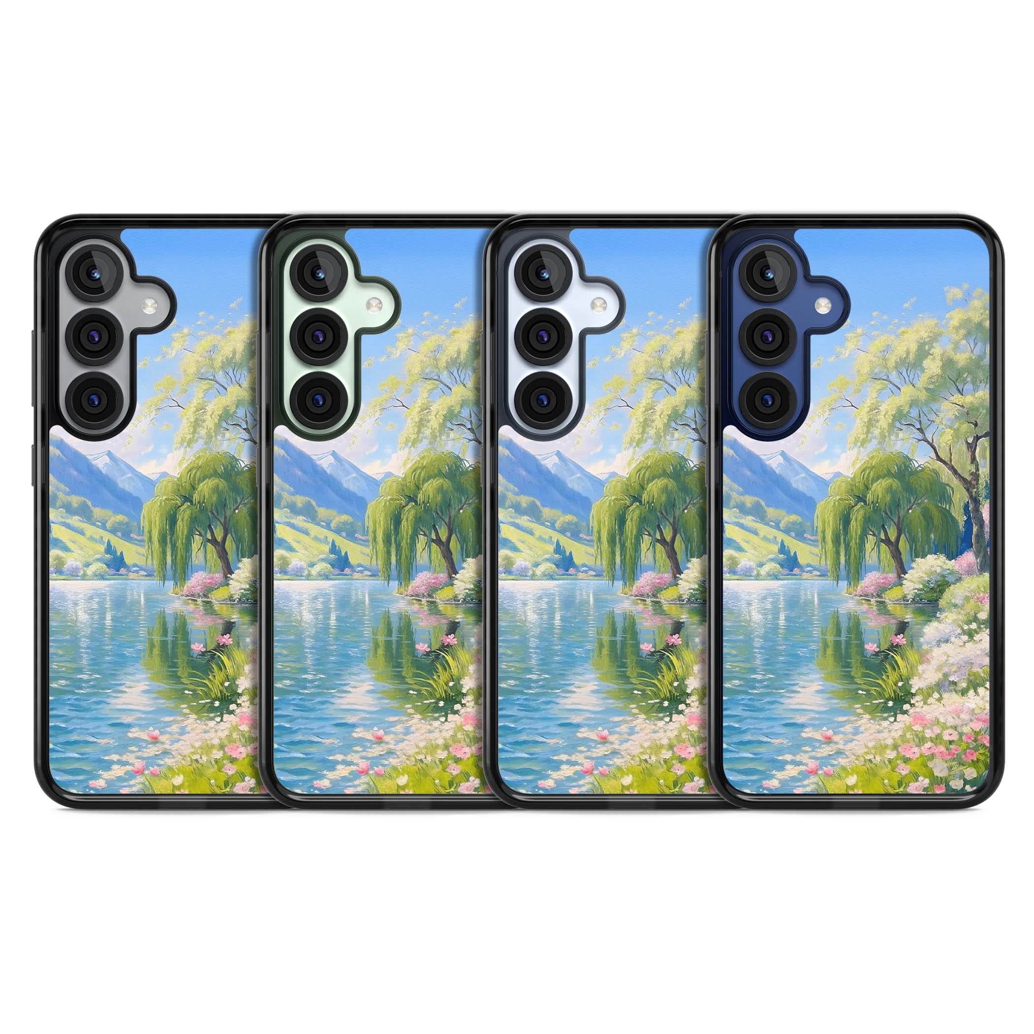 Willow Lake cottagecore iPhone case featuring a painted lakeside with weeping willow, blossoms and distant mountains | Black Impact case for Samsung Galaxy S25, Samsung Galaxy S25 Plus