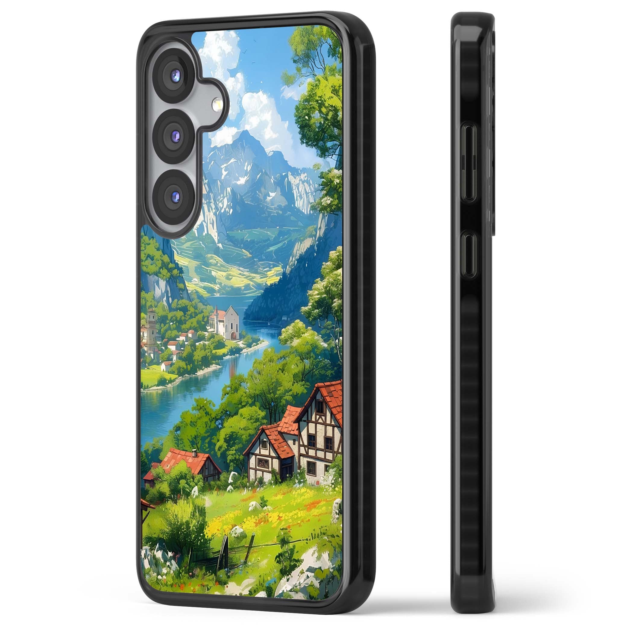 Village In The Valley anime iPhone case featuring a painted mountain village, river valley and half-timbered cottages. | Black Impact case for Samsung Galaxy S25, Samsung Galaxy S25 Plus
