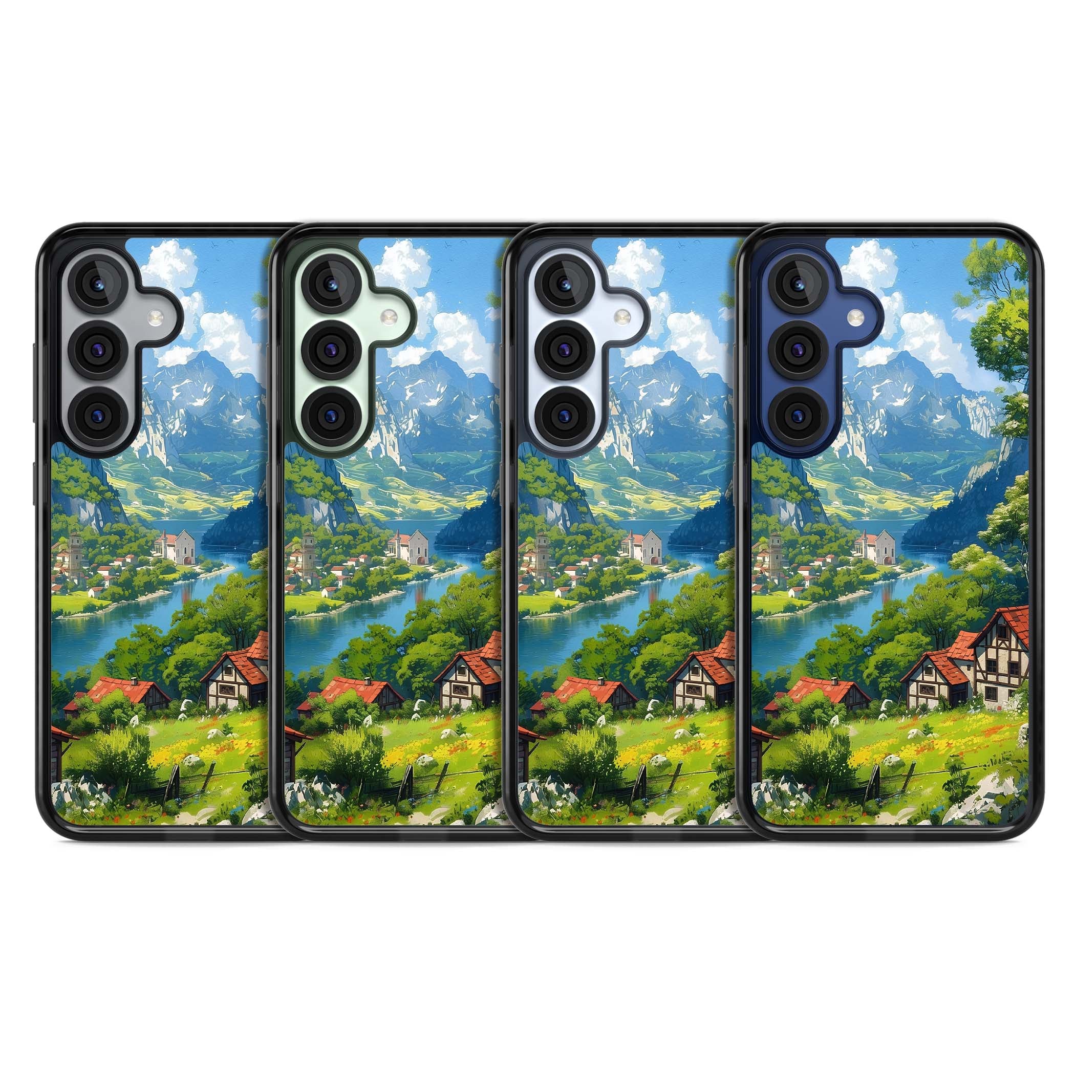 Village In The Valley anime iPhone case featuring a painted mountain village, river valley and half-timbered cottages. | Black Impact case for Samsung Galaxy S25, Samsung Galaxy S25 Plus