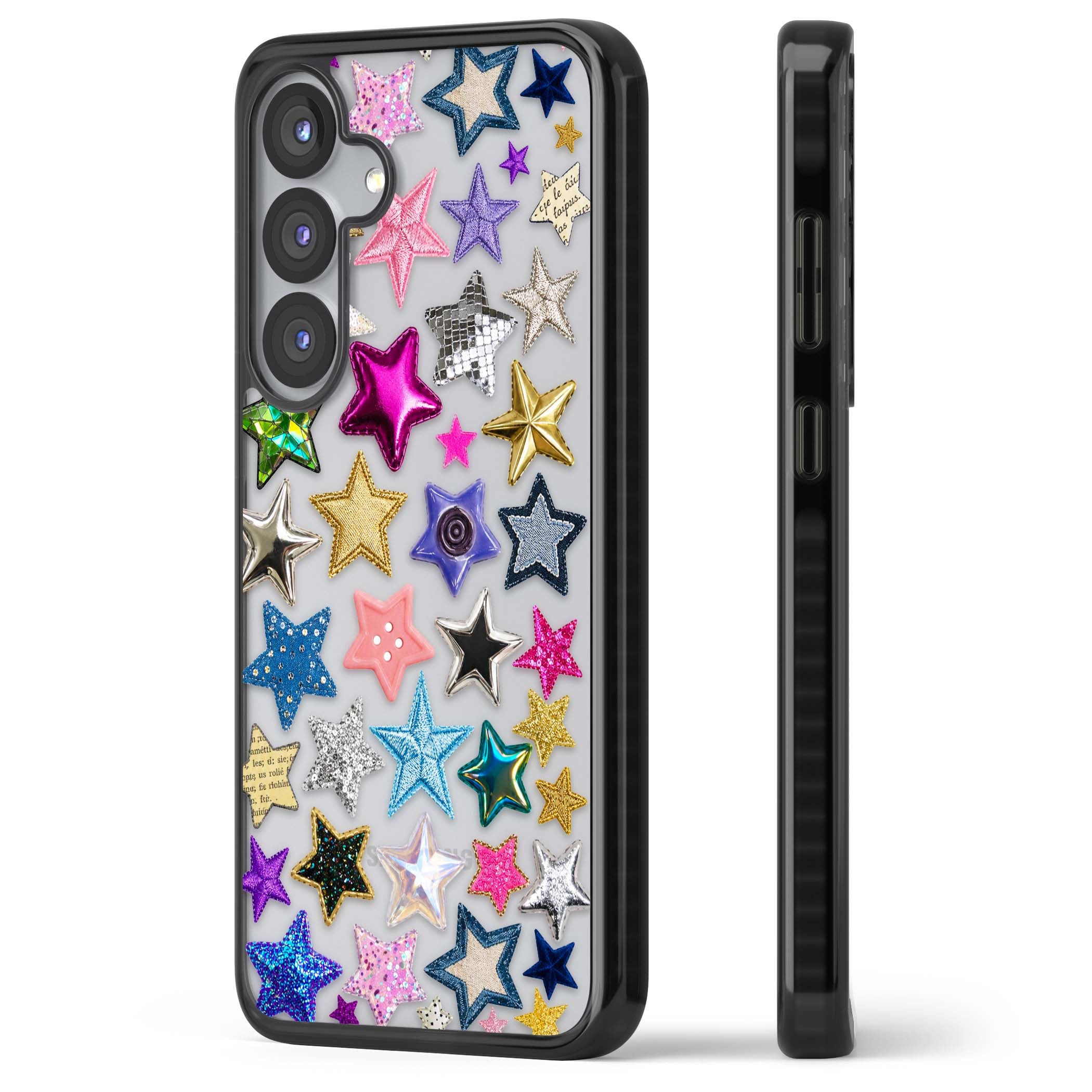 Crafty Star Mix Y2K iPhone case featuring embroidered, sequinned and glitter star patches in rainbow colours | Black Impact case for Samsung Galaxy S25, Samsung Galaxy S25 Plus