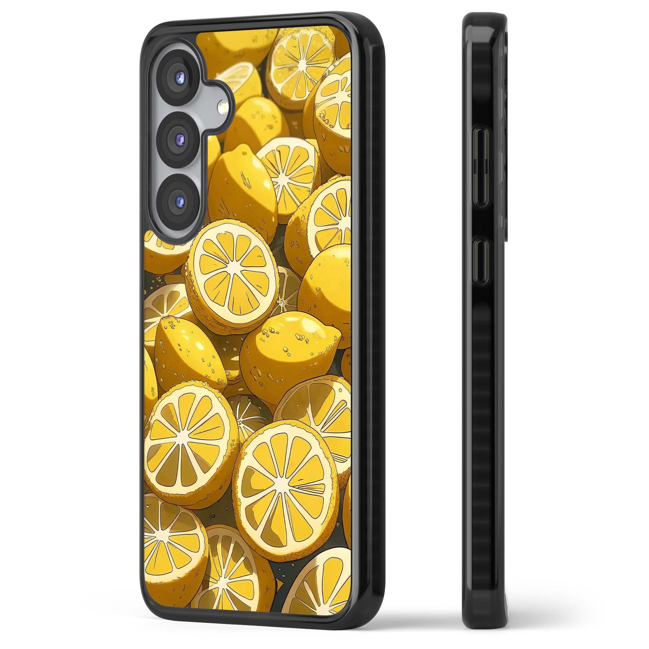 Zesty coastal iPhone case featuring illustrated Mediterranean lemons and citrus slices in golden yellow | Black Impact case for Samsung Galaxy S25, Samsung Galaxy S25 Plus