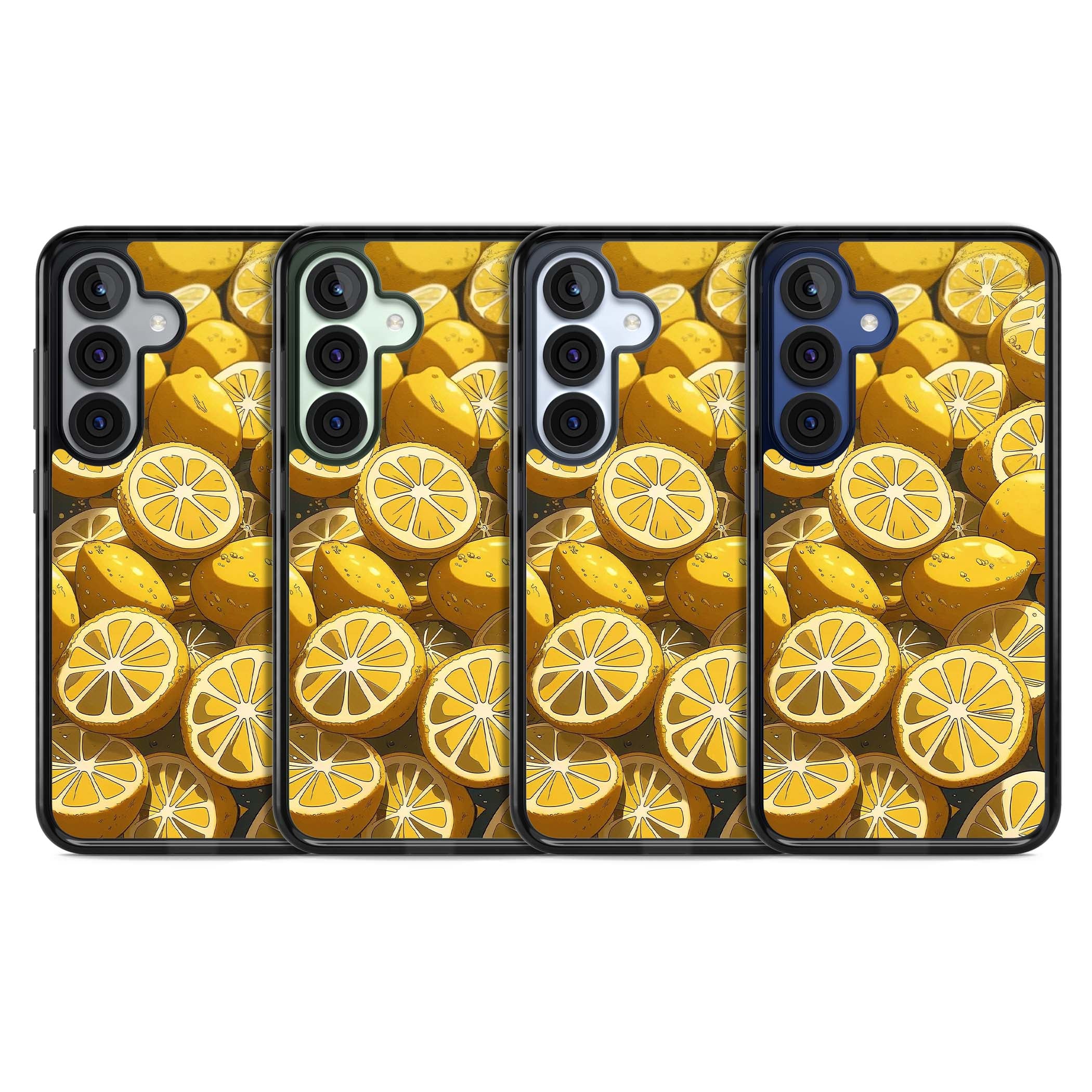 Zesty coastal iPhone case featuring illustrated Mediterranean lemons and citrus slices in golden yellow | Black Impact case for Samsung Galaxy S25, Samsung Galaxy S25 Plus