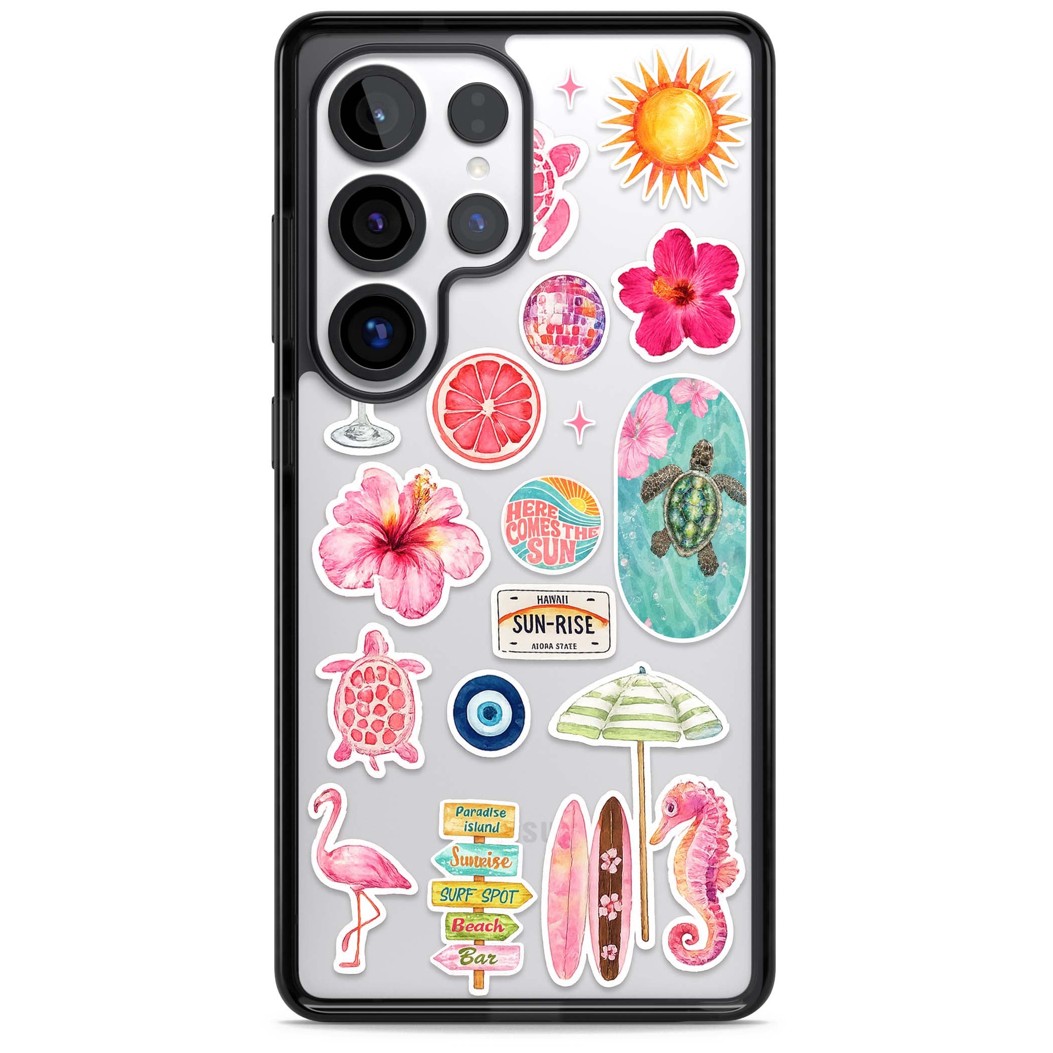 Aloha Sticker Mix tropical summer iPhone case featuring pink hibiscus, sea turtles, flamingo and beach umbrella stickers | Black Impact case for Samsung Galaxy S25 Ultra