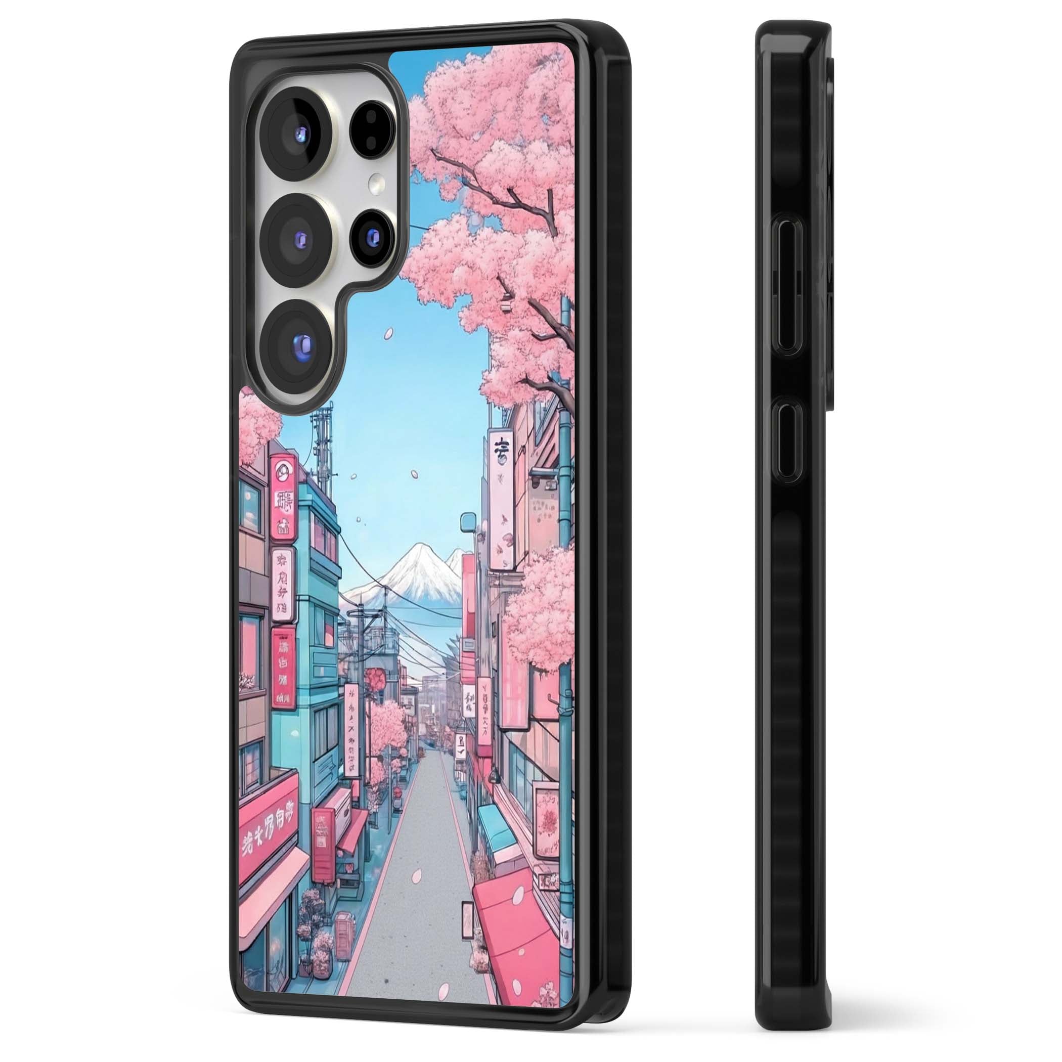 Sakura Lane anime iPhone case featuring Tokyo street scene with cherry blossoms and Mount Fuji | Black Impact case for Samsung Galaxy S25 Ultra