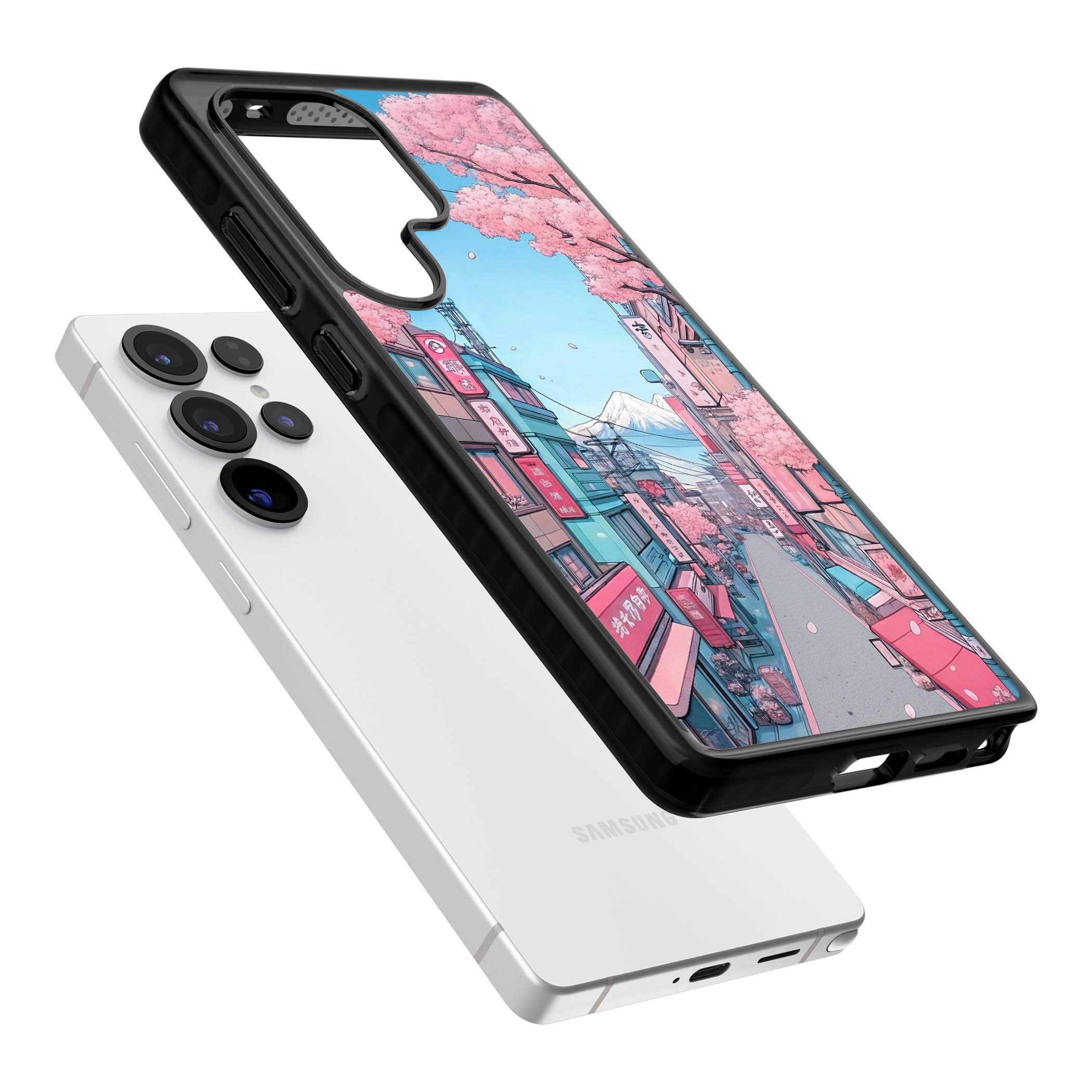 Sakura Lane anime iPhone case featuring Tokyo street scene with cherry blossoms and Mount Fuji | Black Impact case for Samsung Galaxy S25 Ultra