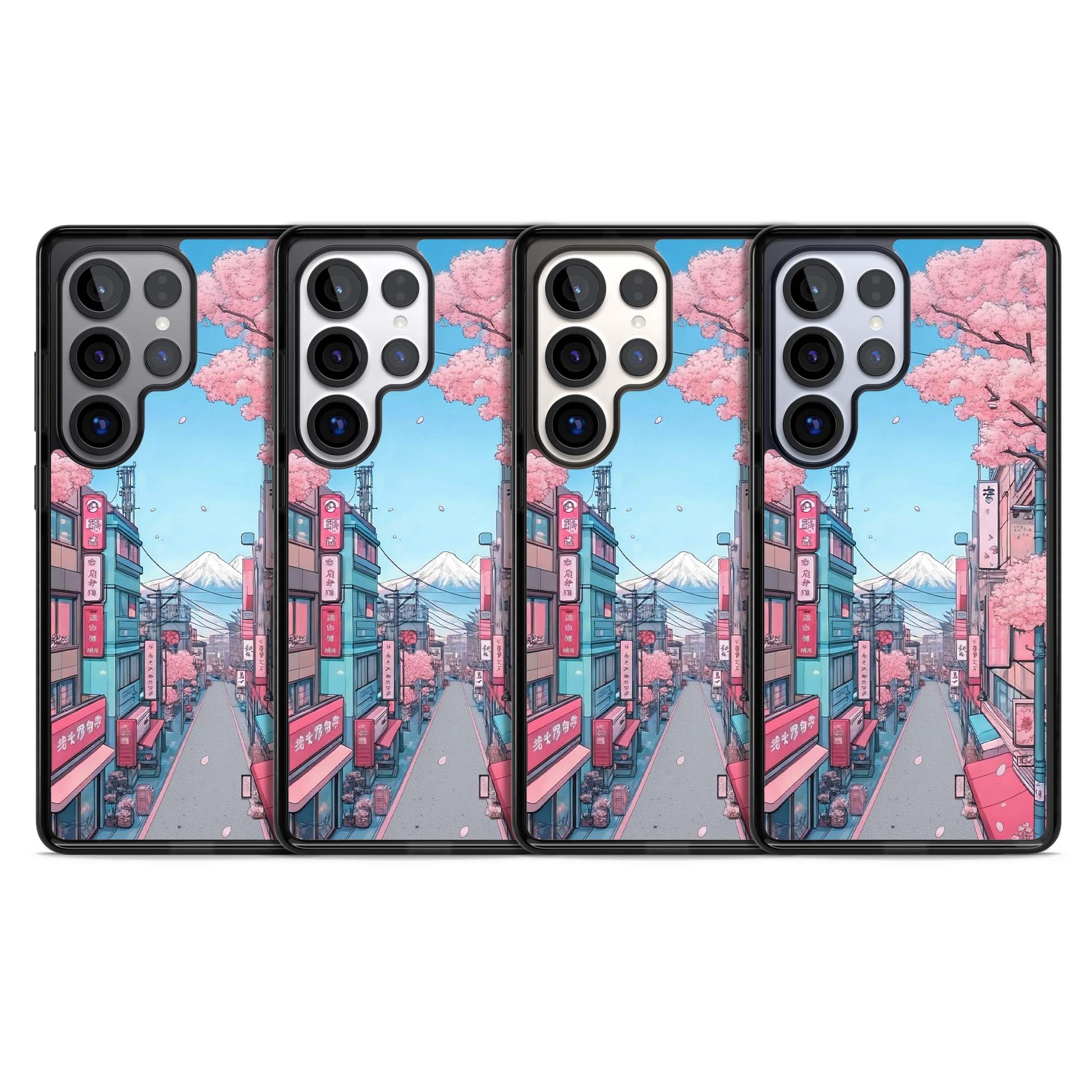 Sakura Lane anime iPhone case featuring Tokyo street scene with cherry blossoms and Mount Fuji | Black Impact case for Samsung Galaxy S25 Ultra