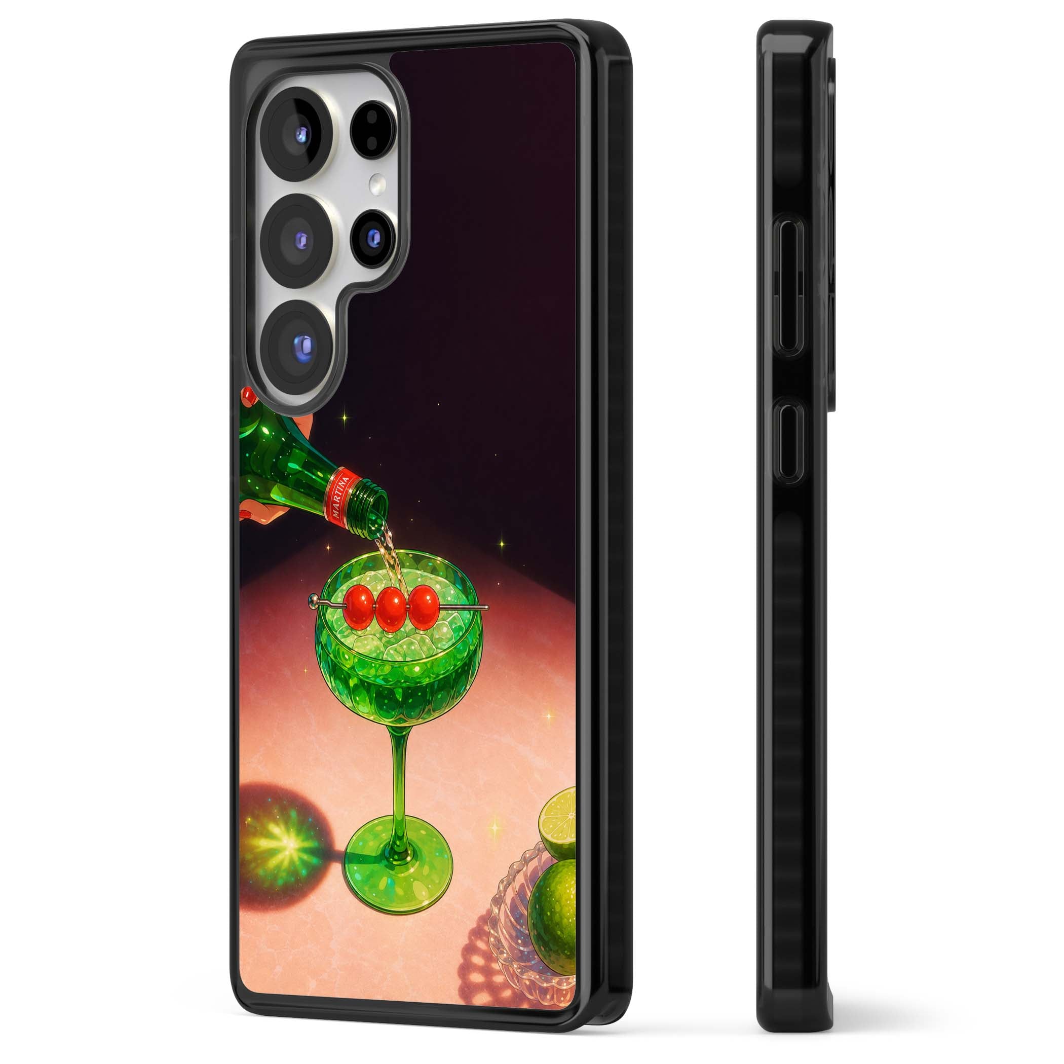 Absinthe Hour cocktail iPhone case featuring a green coupe glass, cherry garnish and vintage bottle pour illustration | Black Impact case for Samsung Galaxy S25 Ultra