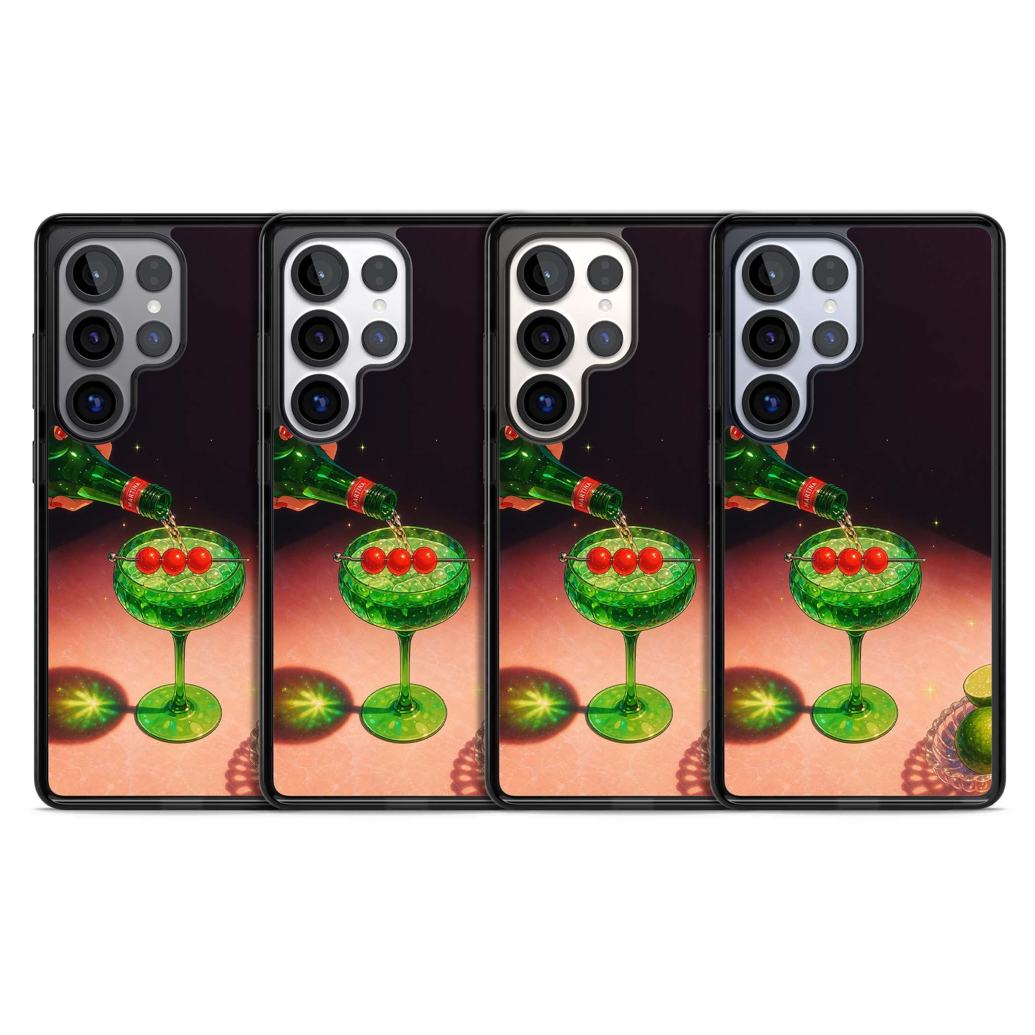Absinthe Hour cocktail iPhone case featuring a green coupe glass, cherry garnish and vintage bottle pour illustration | Black Impact case for Samsung Galaxy S25 Ultra