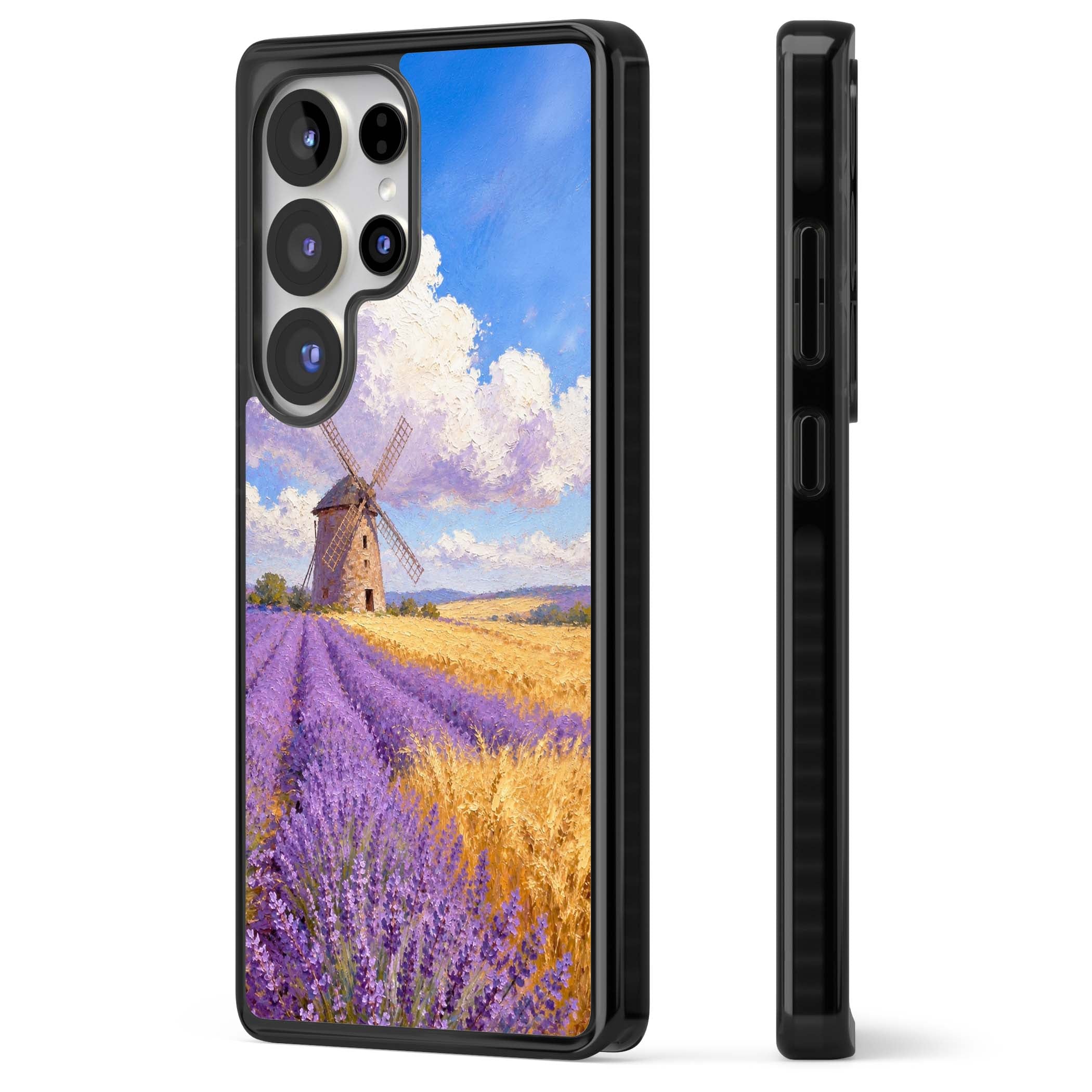 Lavender Mill cottagecore iPhone case featuring a French windmill, lavender field and golden wheat oil painting | Black Impact case for Samsung Galaxy S25 Ultra