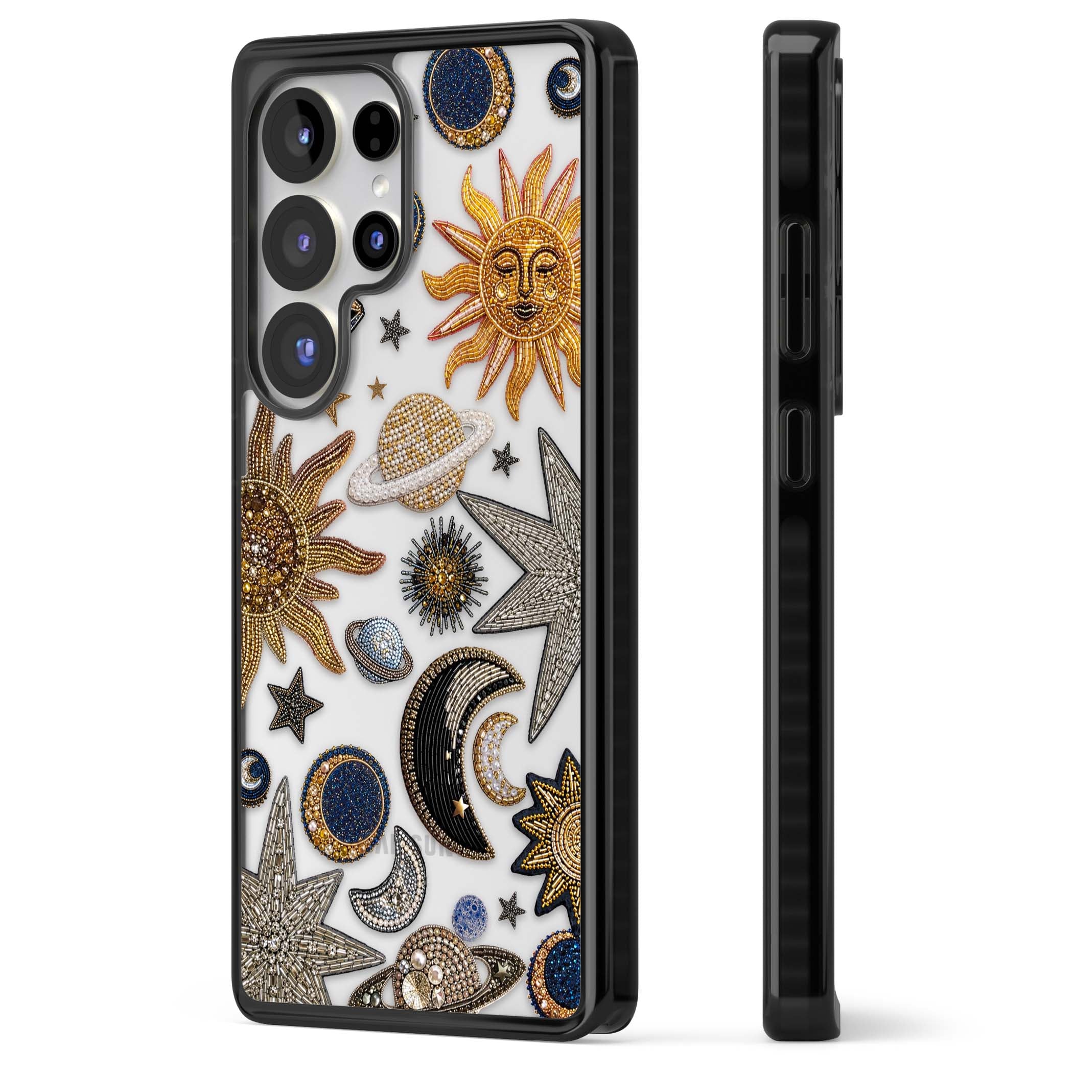 Beaded Cosmos celestial iPhone case featuring embroidered golden suns, beaded planets and silver shooting stars | Black Impact case for Samsung Galaxy S25 Ultra