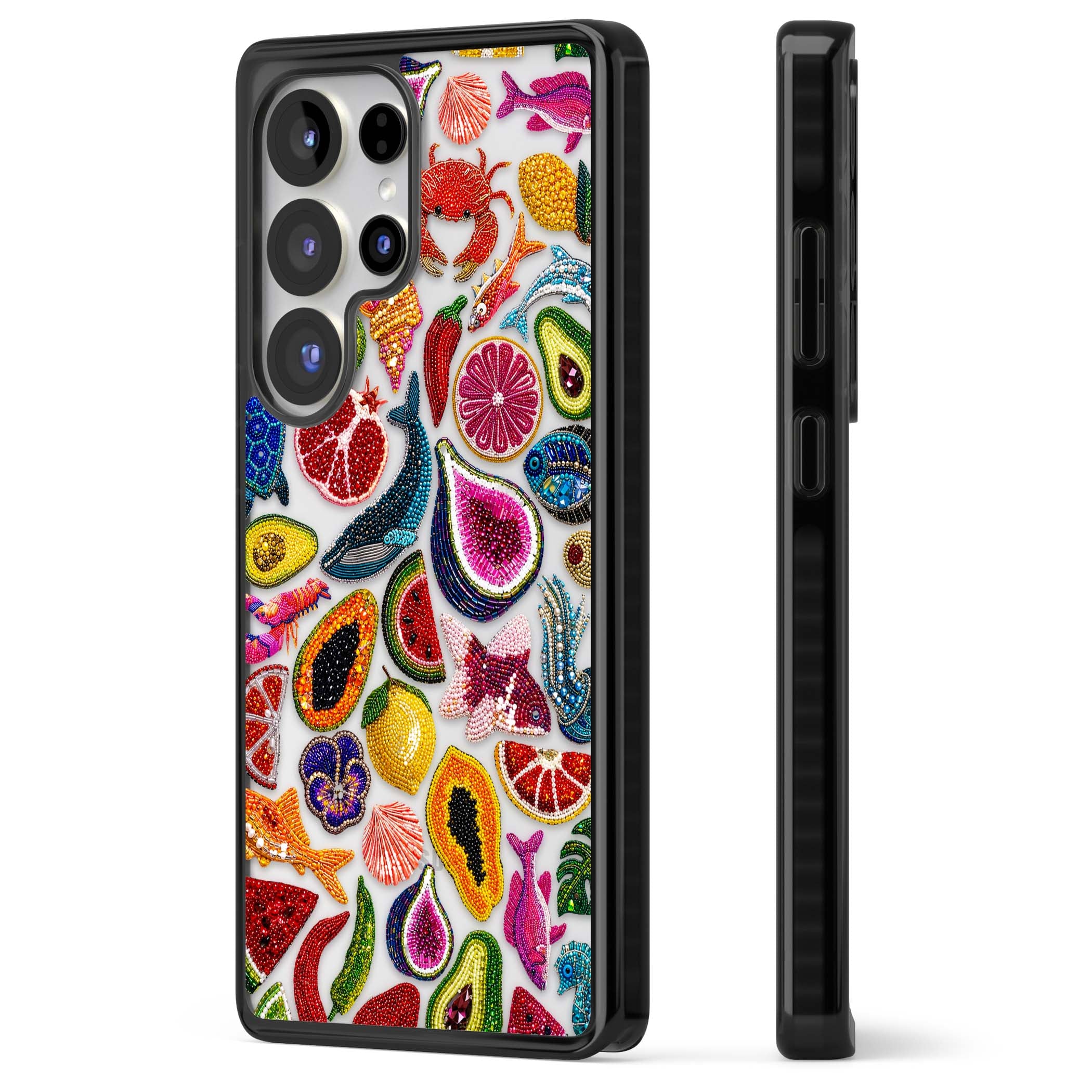 Beaded Tropic tropical iPhone case featuring beaded fruit, fish, crabs and seashells in vibrant colour | Black Impact case for Samsung Galaxy S25 Ultra