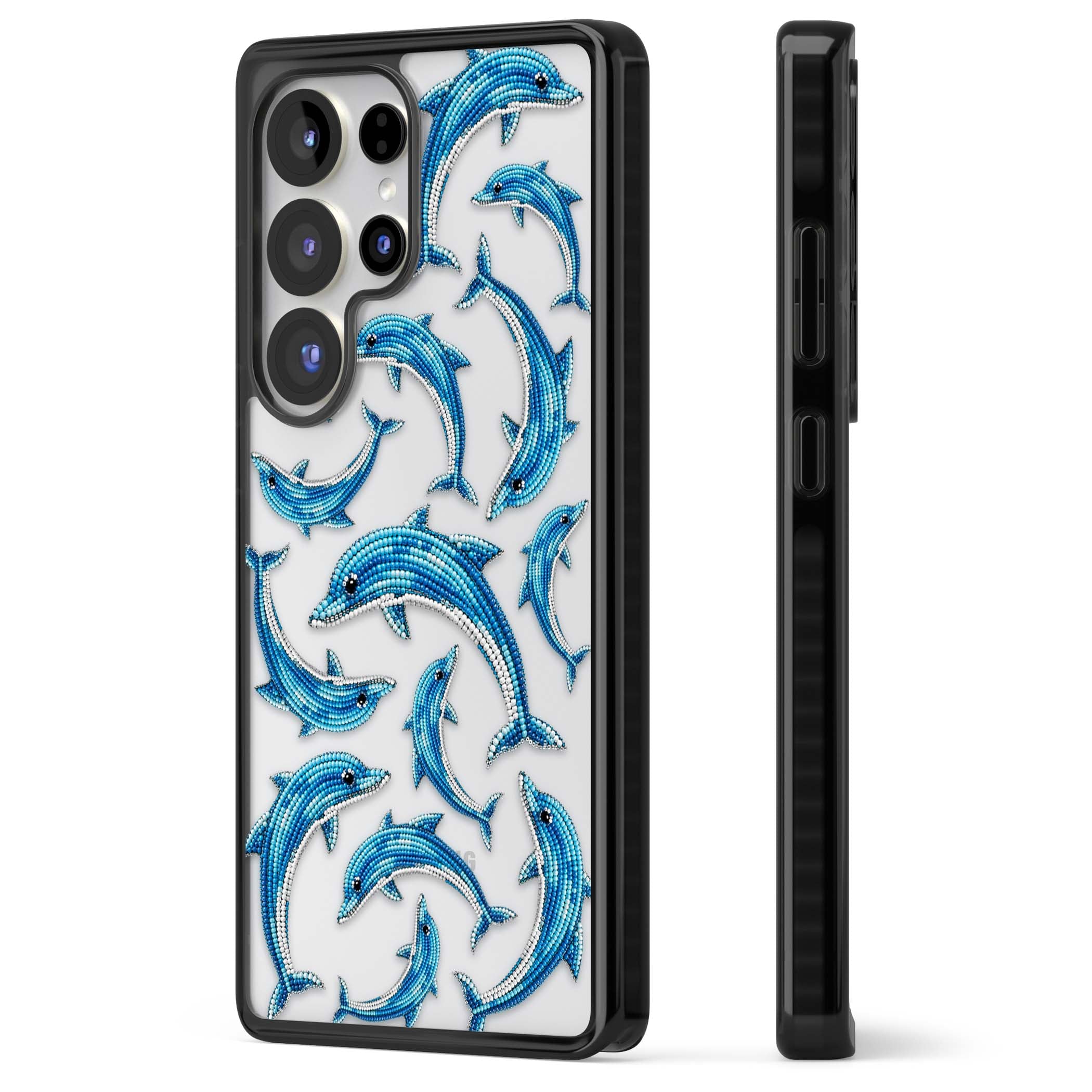 Beaded Dolphins coastal iPhone case featuring beaded dolphins in blue and white swimming across a clear background | Black Impact case for Samsung Galaxy S25 Ultra