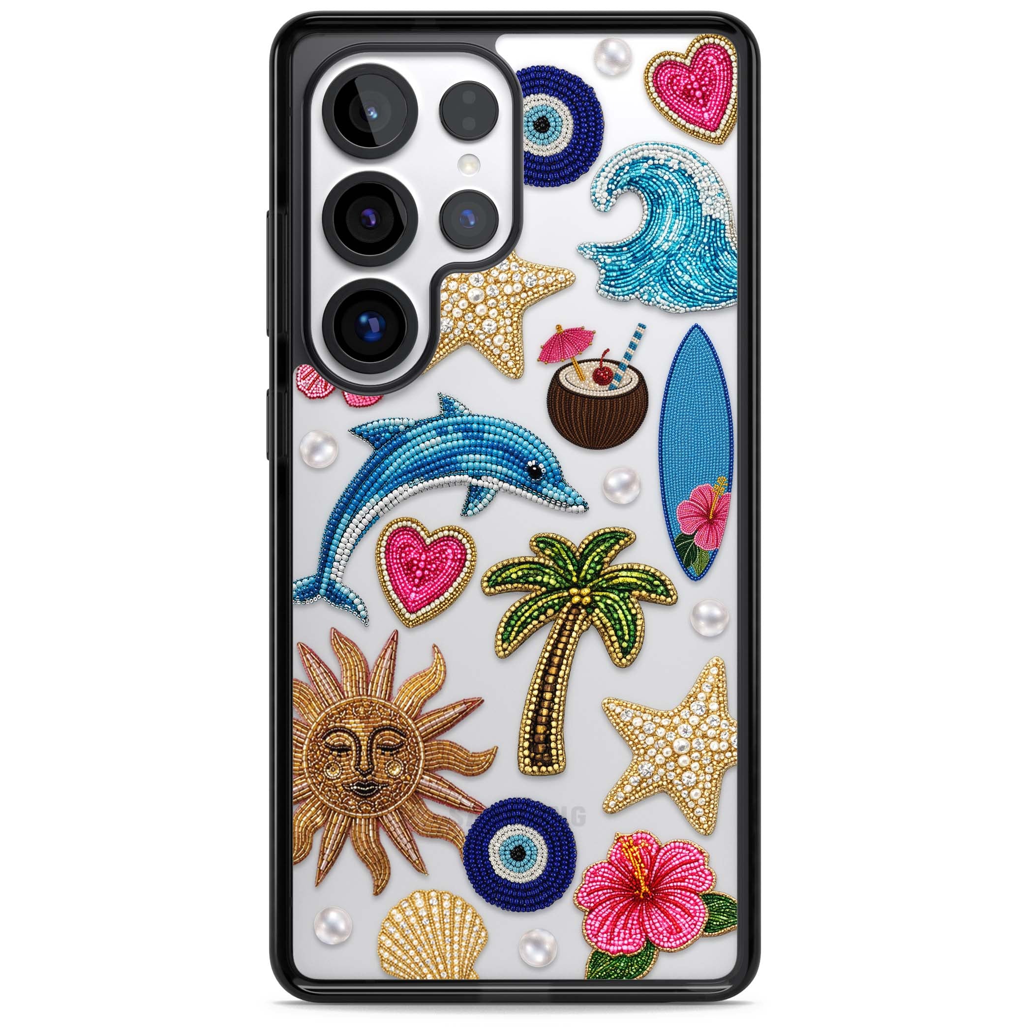 Beaded Beach coastal summer iPhone case featuring embroidered evil eye, hibiscus flowers, dolphin and palm tree patches | Black Impact case for Samsung Galaxy S25 Ultra