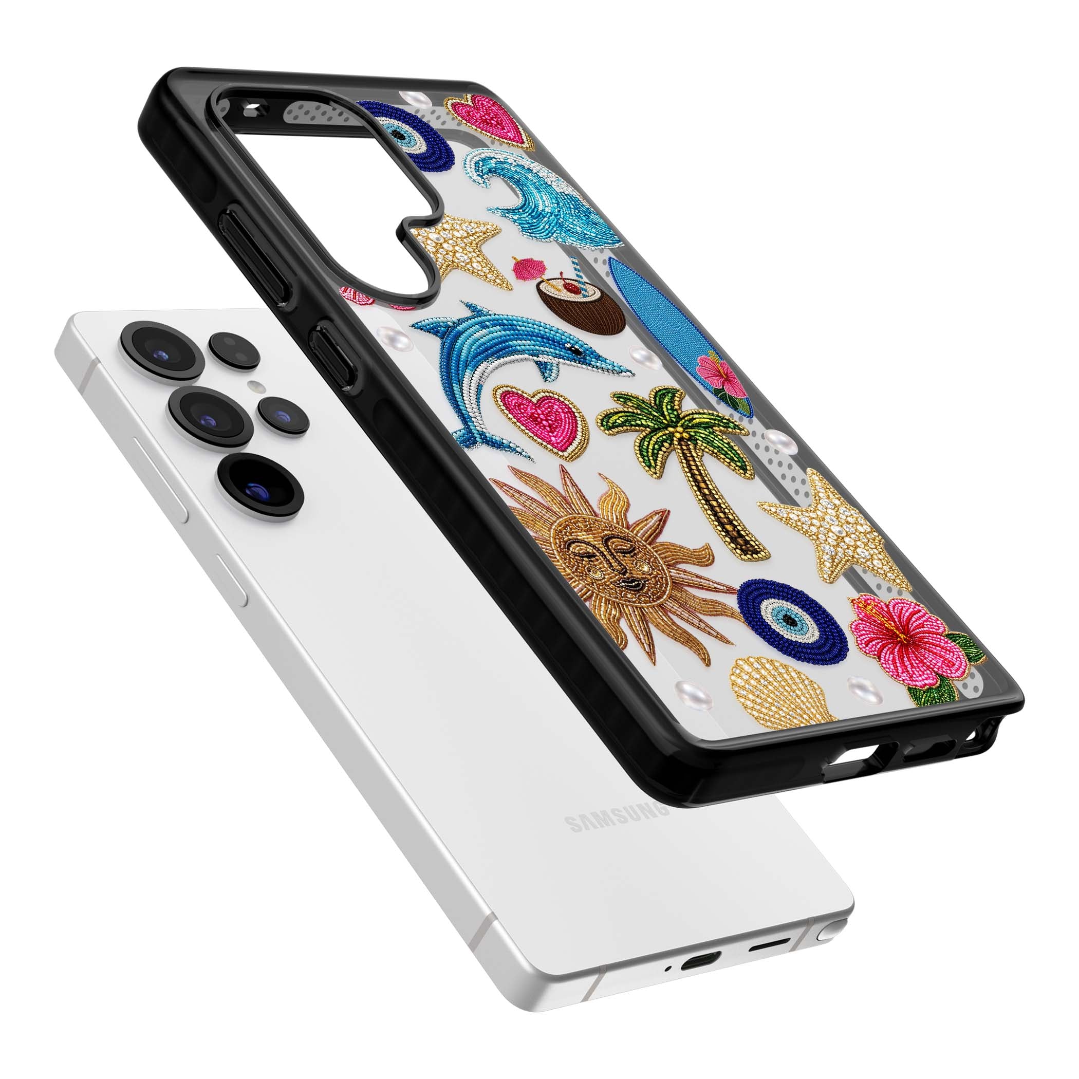 Beaded Beach coastal summer iPhone case featuring embroidered evil eye, hibiscus flowers, dolphin and palm tree patches | Black Impact case for Samsung Galaxy S25 Ultra