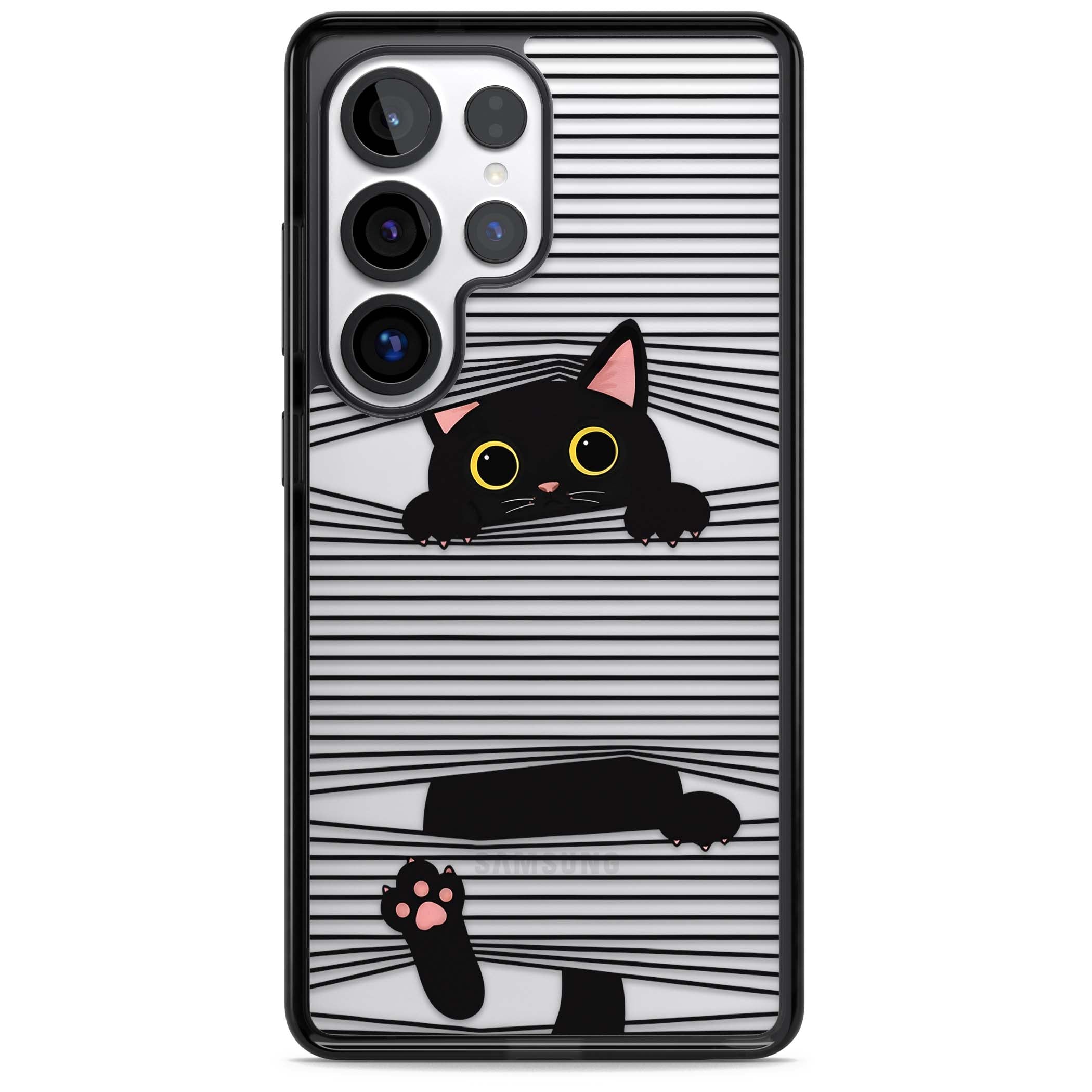 Peek-a-Boo Cat minimal iPhone case featuring black cat peeking through horizontal black and white stripes | Black Impact case for Samsung Galaxy S25 Ultra