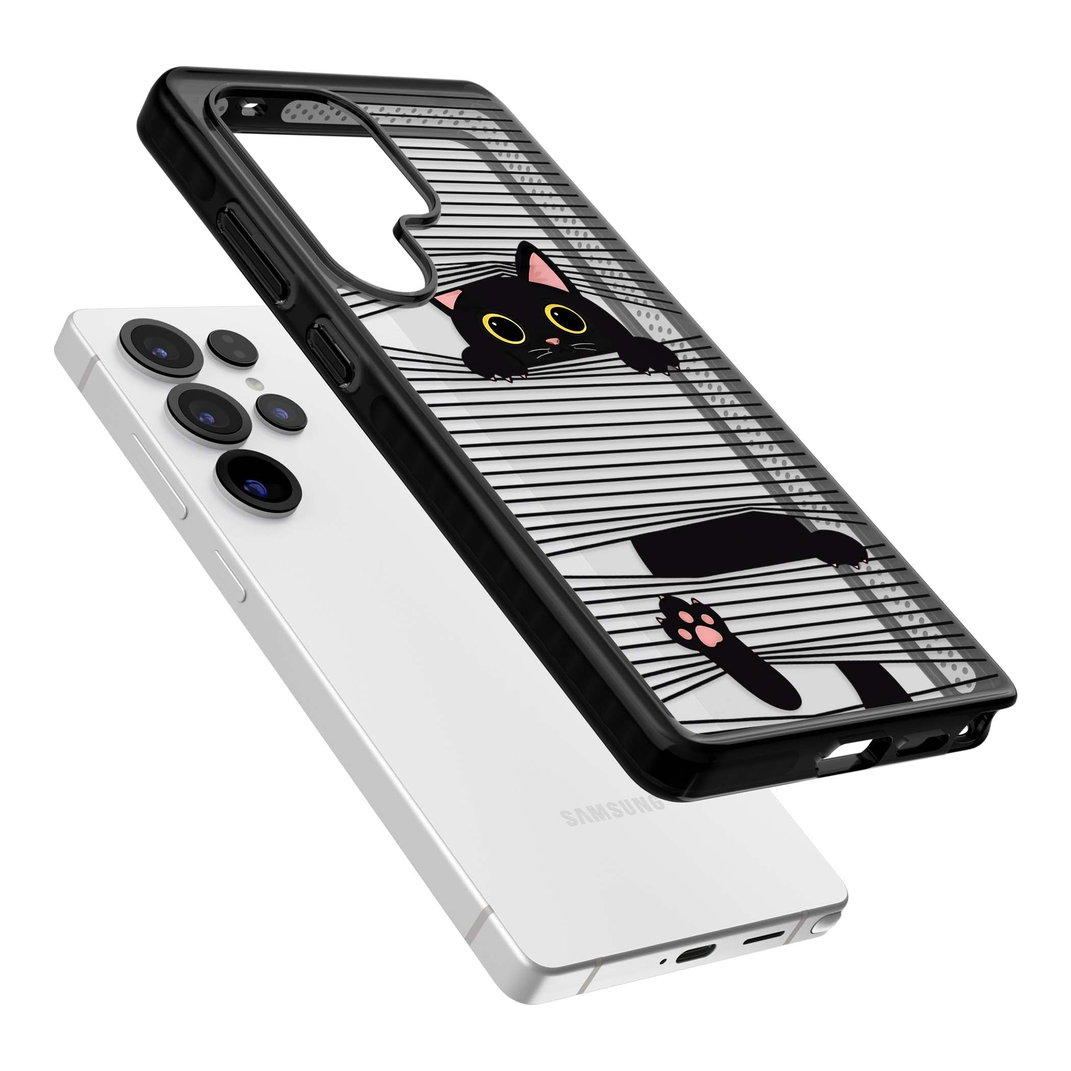 Peek-a-Boo Cat minimal iPhone case featuring black cat peeking through horizontal black and white stripes | Black Impact case for Samsung Galaxy S25 Ultra