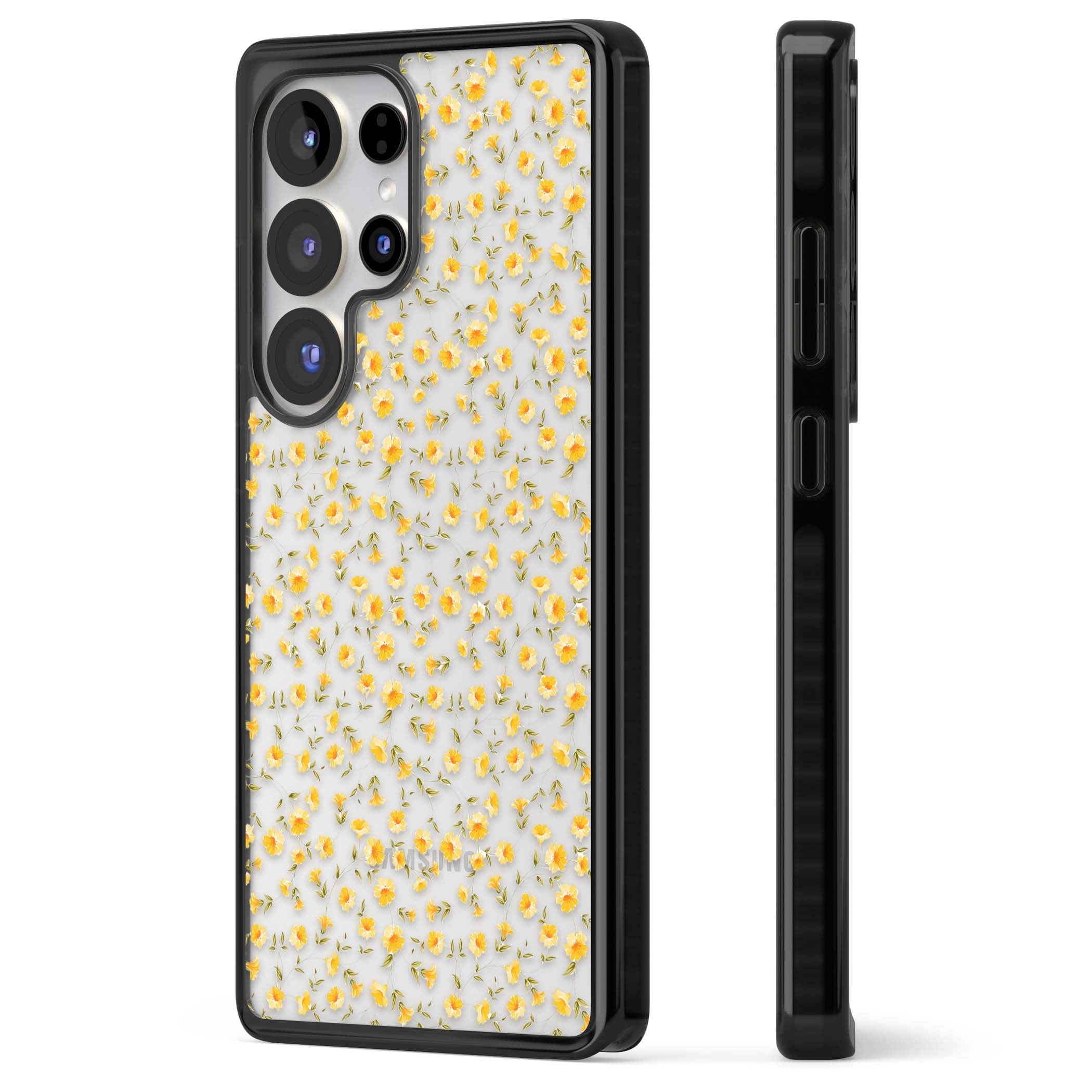 Buttercup wildflower iPhone case featuring tiny yellow flowers and trailing green vines on clear | Black Impact case for Samsung Galaxy S25 Ultra