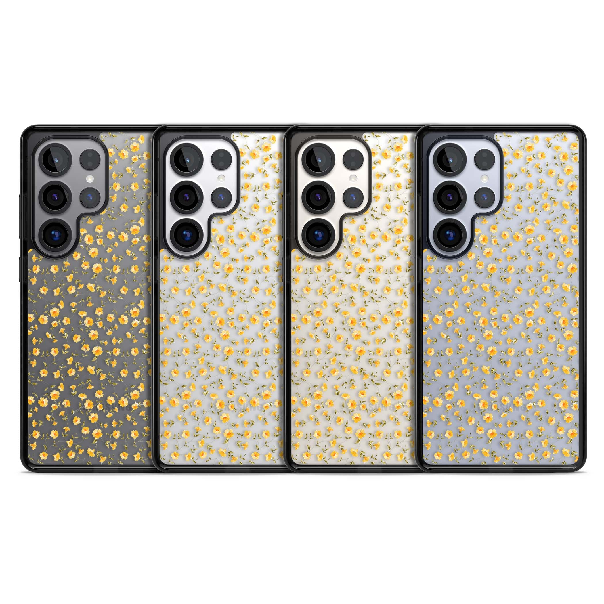 Buttercup wildflower iPhone case featuring tiny yellow flowers and trailing green vines on clear | Black Impact case for Samsung Galaxy S25 Ultra