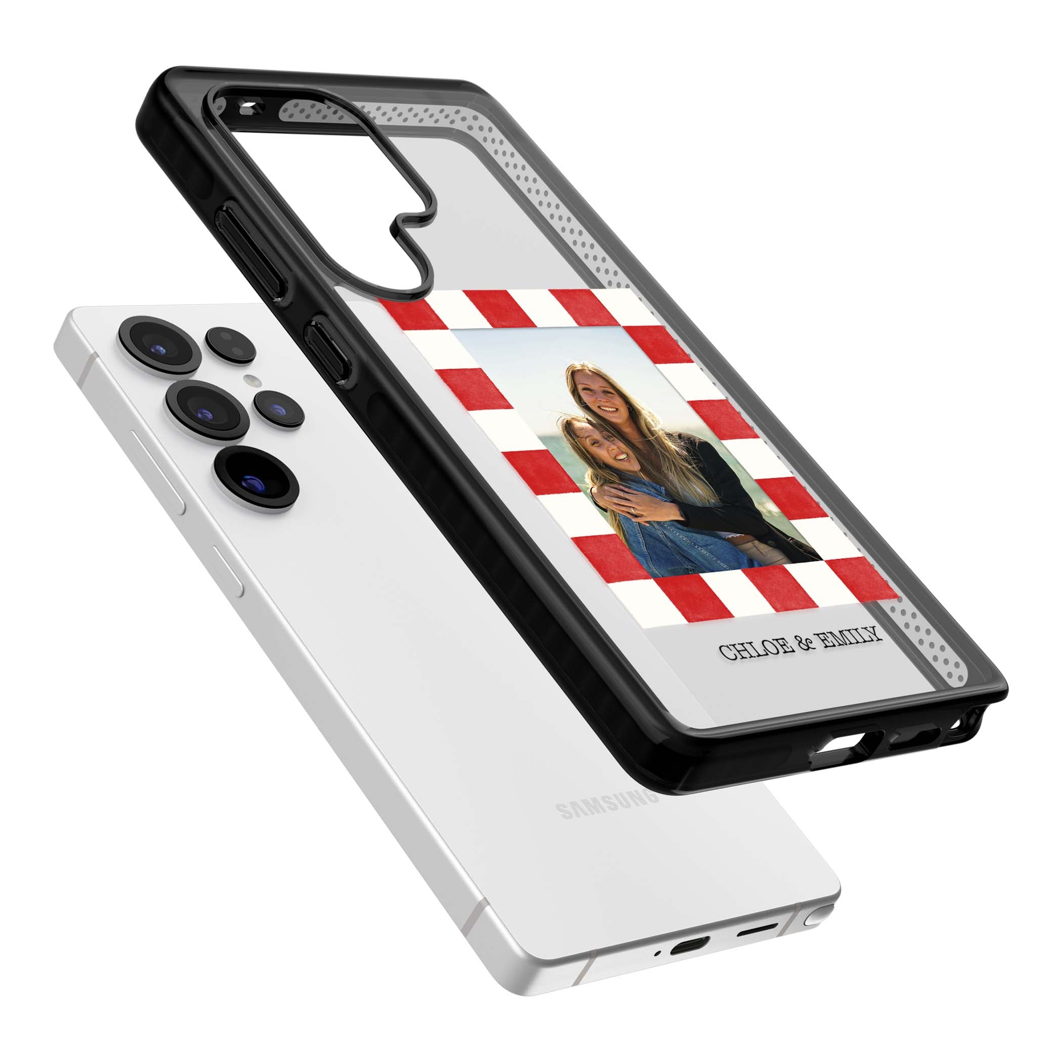 Red Check Photo personalised photo iPhone case with red and white checkered polaroid frame and custom couple name | Black Impact case for Samsung Galaxy S25 Ultra