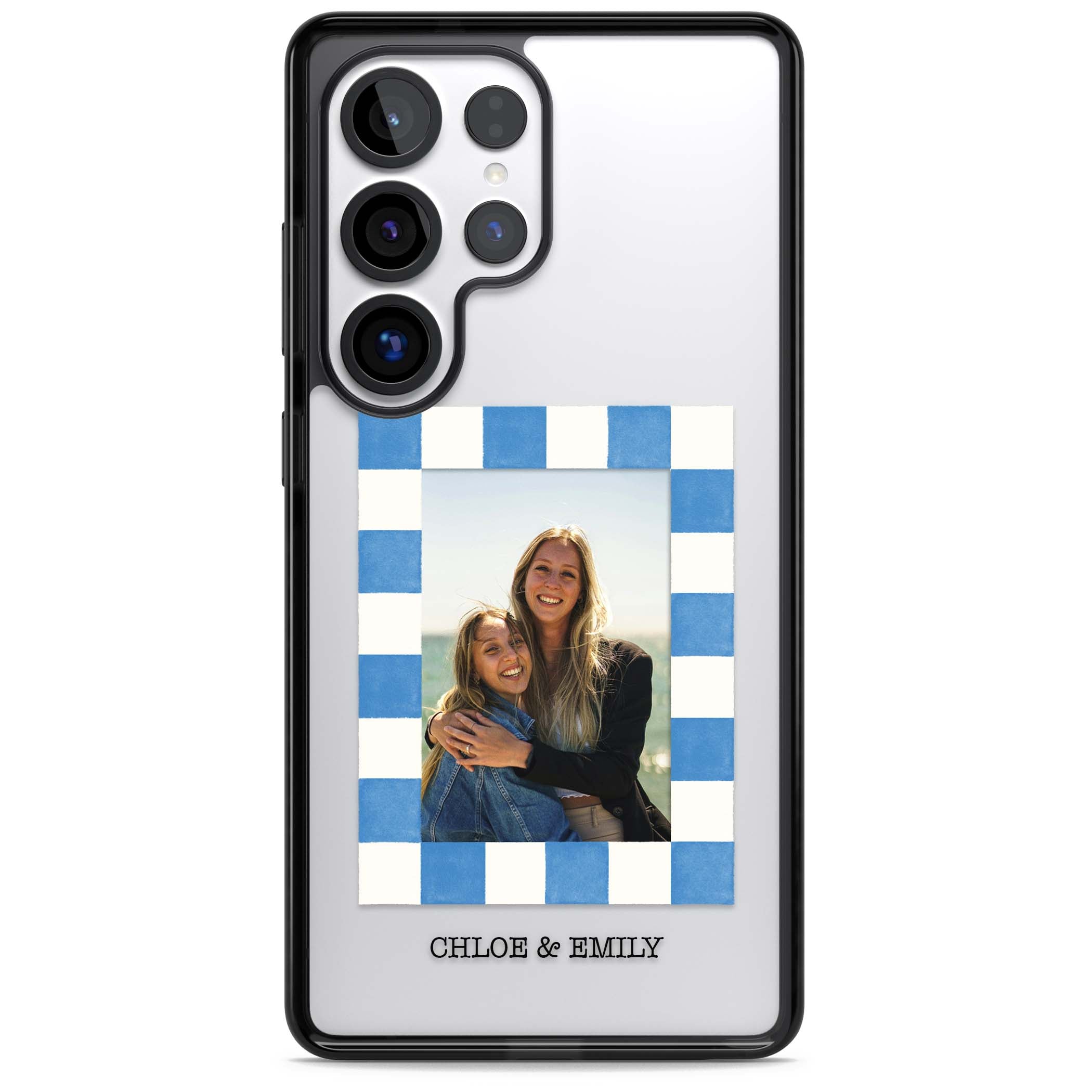 Blue Check Photo personalised photo iPhone case with blue checkered frame and custom couple names | Black Impact case for Samsung Galaxy S25 Ultra