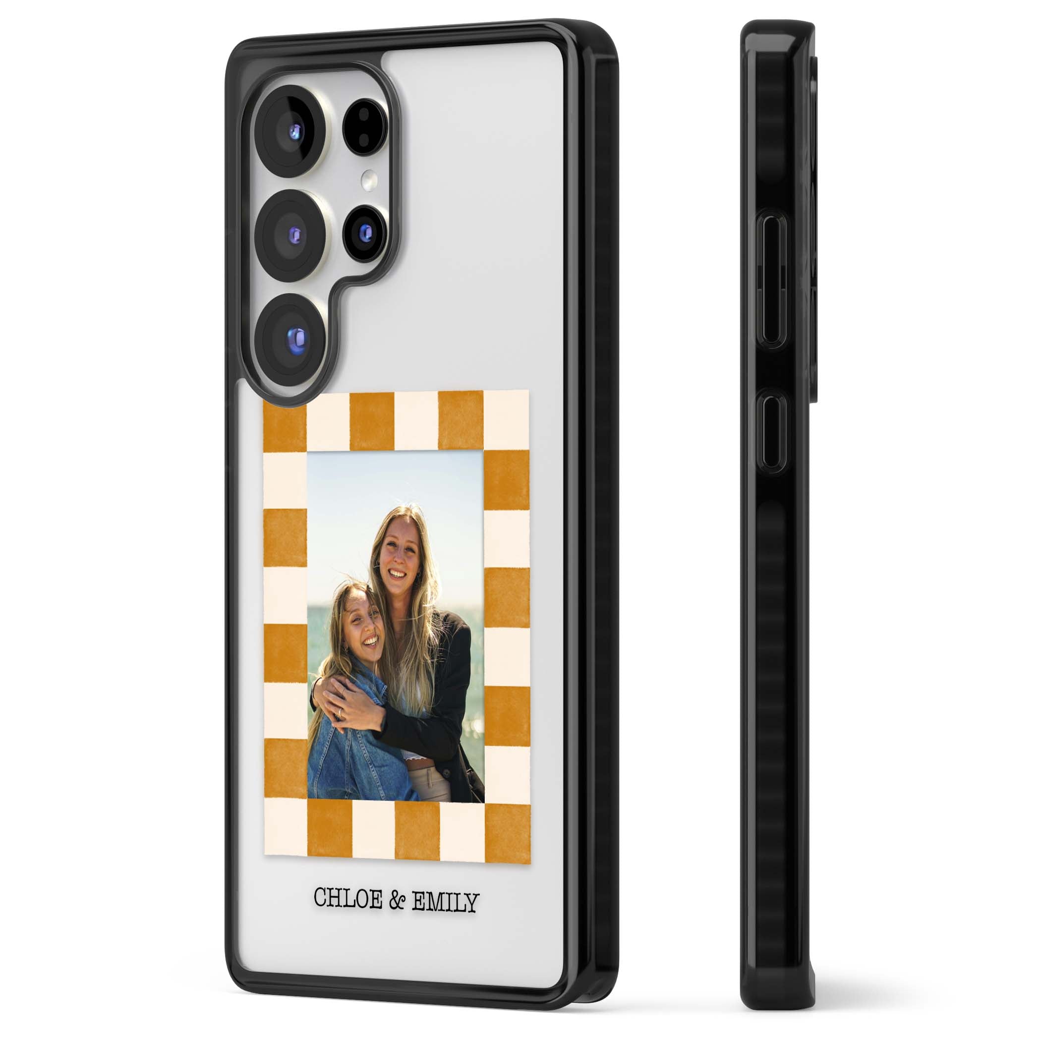Citrus Check Photo personalised iPhone case with custom photo, orange checkered frame and names underneath | Black Impact case for Samsung Galaxy S25 Ultra