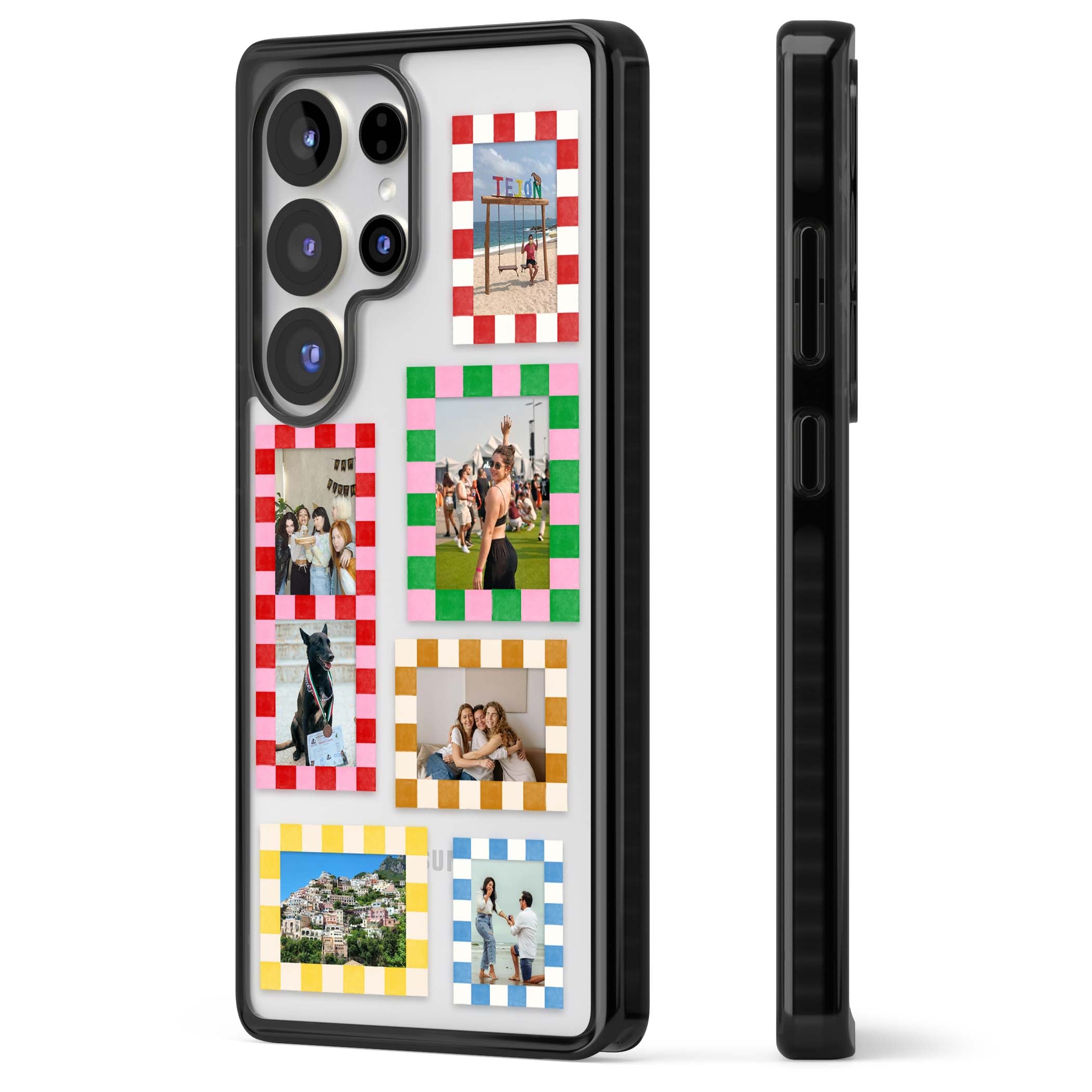 Italian Check Frames custom photo collage iPhone case featuring six checkered photo frames in red, green, pink and  | Black Impact case for Samsung Galaxy S25 Ultra