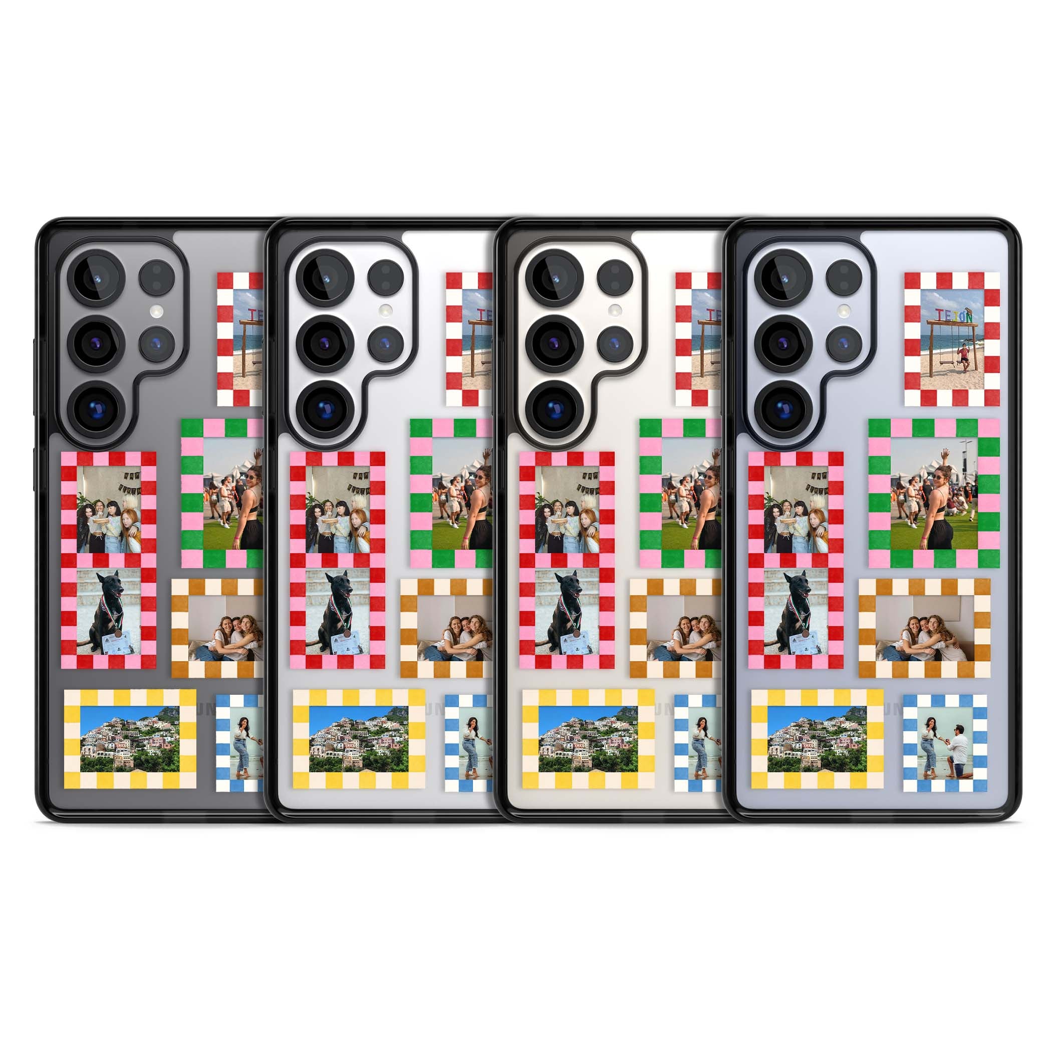 Italian Check Frames custom photo collage iPhone case featuring six checkered photo frames in red, green, pink and  | Black Impact case for Samsung Galaxy S25 Ultra