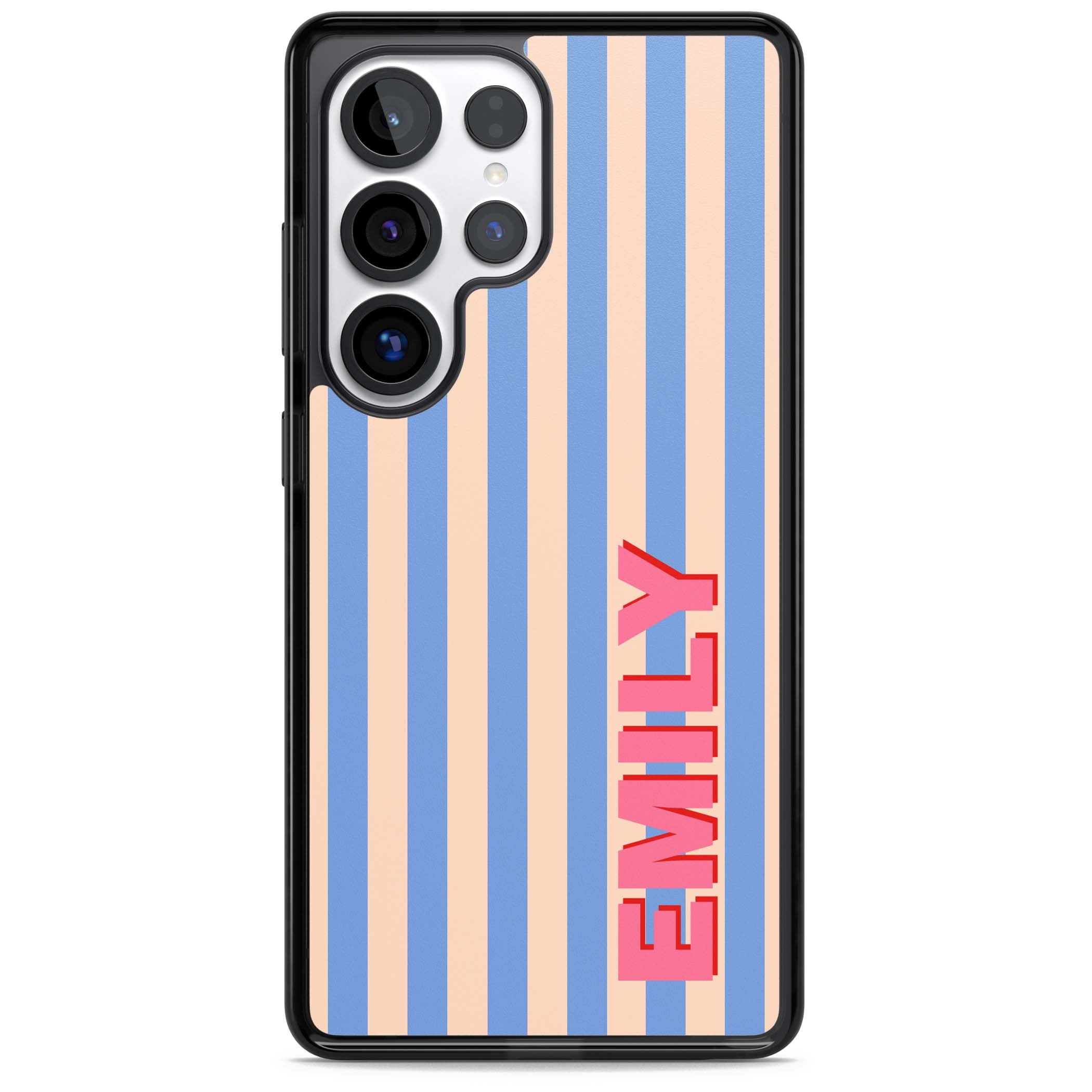Coastal Stripe personalised coastal iPhone case with blue and peach vertical stripes and custom pink name | Black Impact case for Samsung Galaxy S25 Ultra