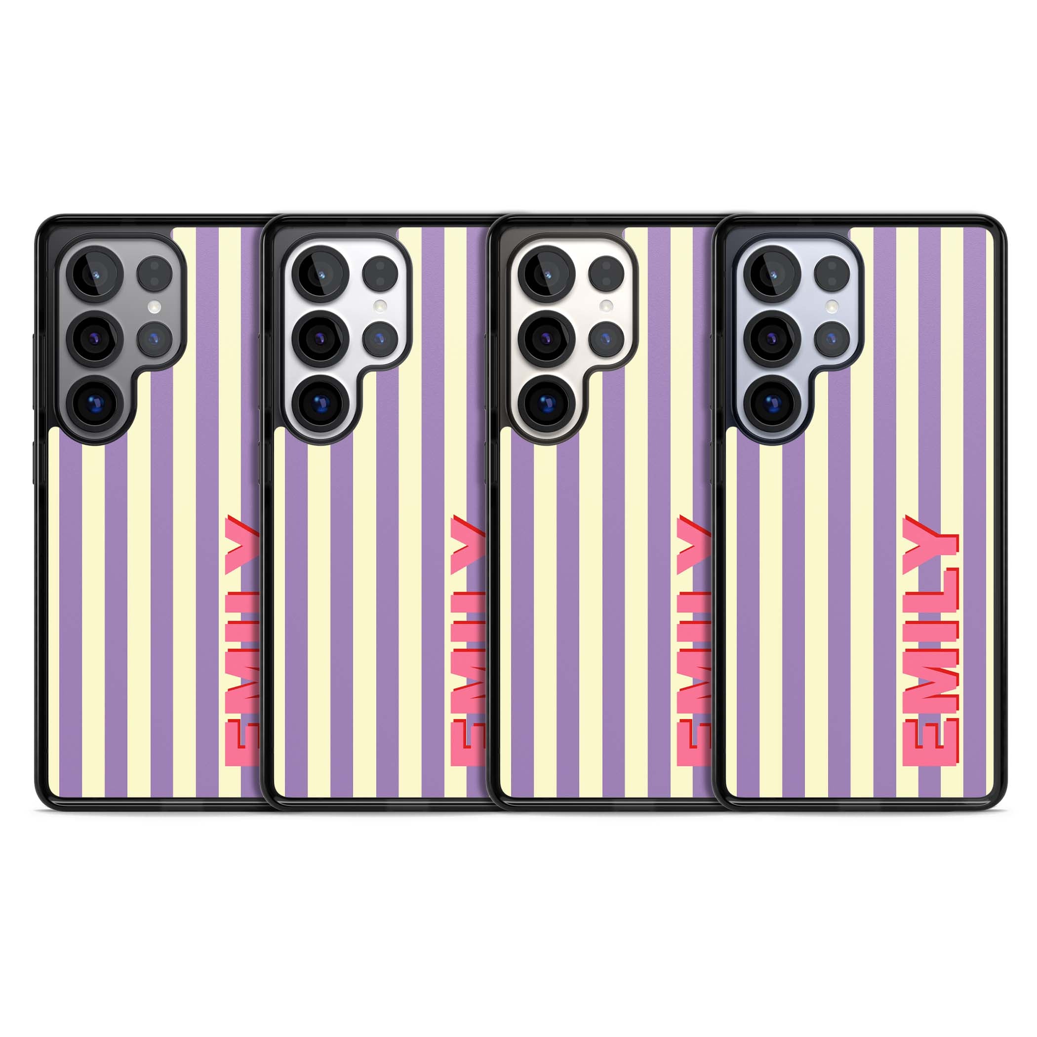 Valensole Stripe personalised iPhone case with purple and cream vertical stripes and pink custom name | Black Impact case for Samsung Galaxy S25 Ultra